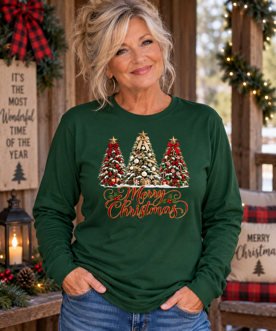 Long Sleeve Tee — Festive 'Merry Christmas' Triple Tree Holiday Graphic