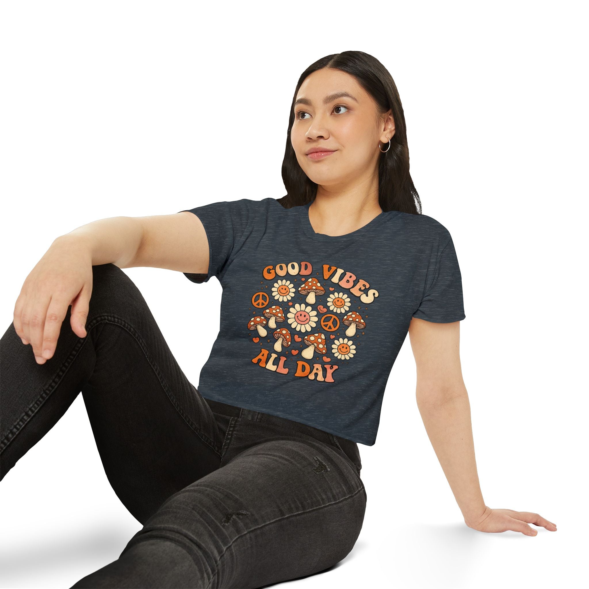 Good Vibes All Day Crop Top — Retro Mushroom & Sun Festival Tee