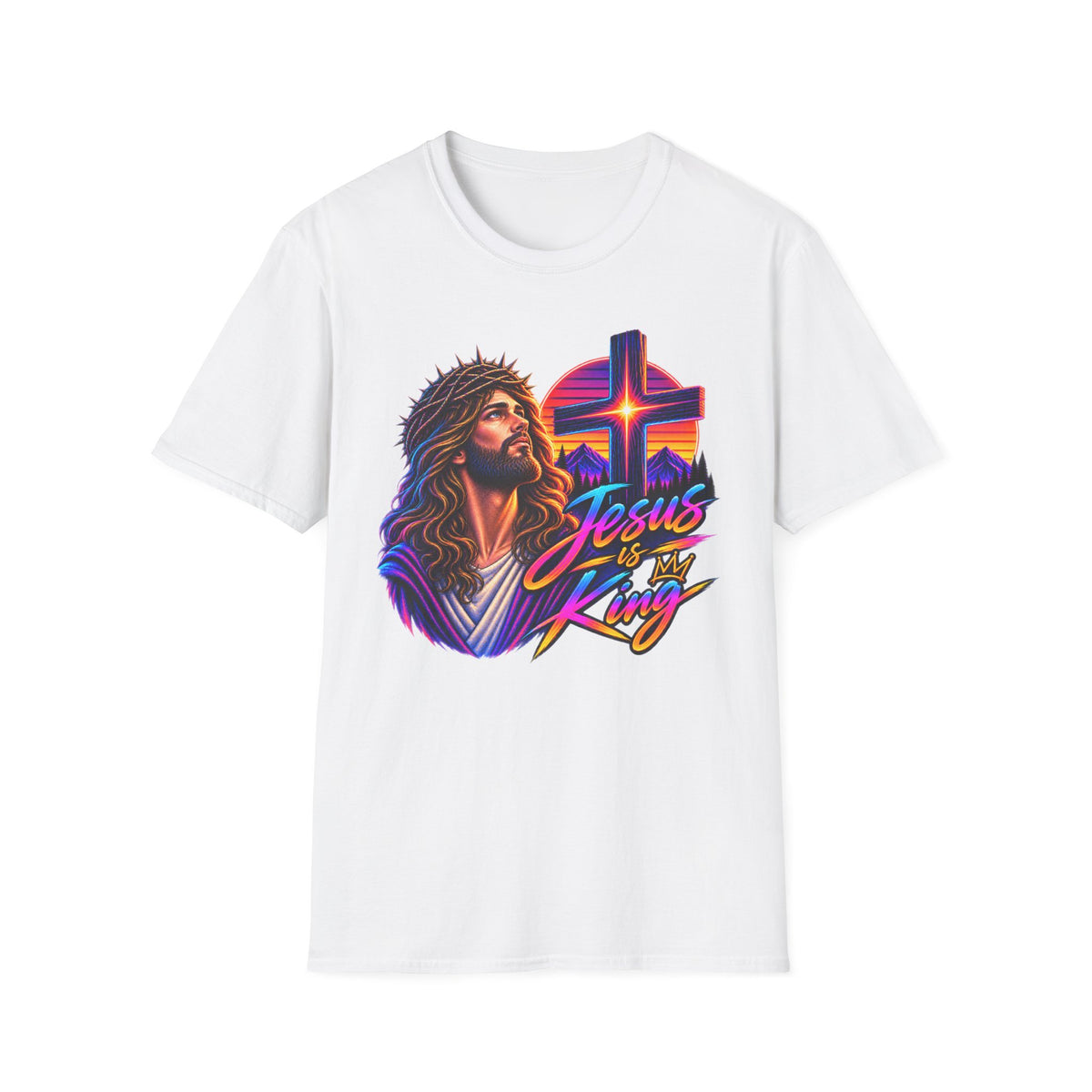 Jesus Is King T‑Shirt — Retro Neon Cross & Christ Portrait