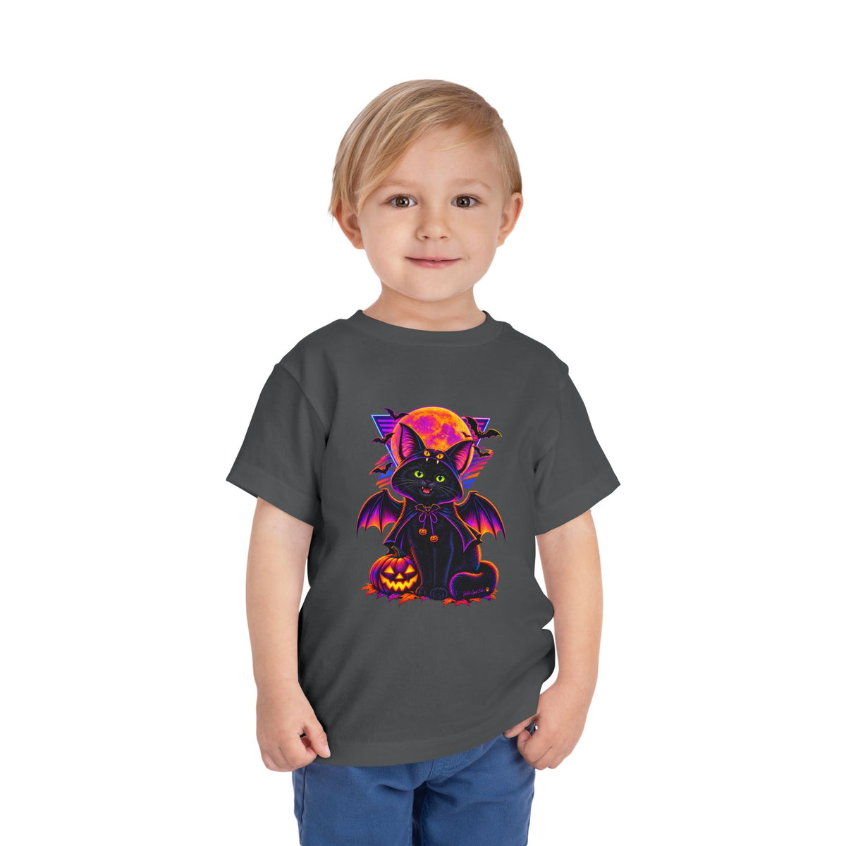 Toddler Tee — Neon Halloween Bat Cat with Pumpkin Graphic