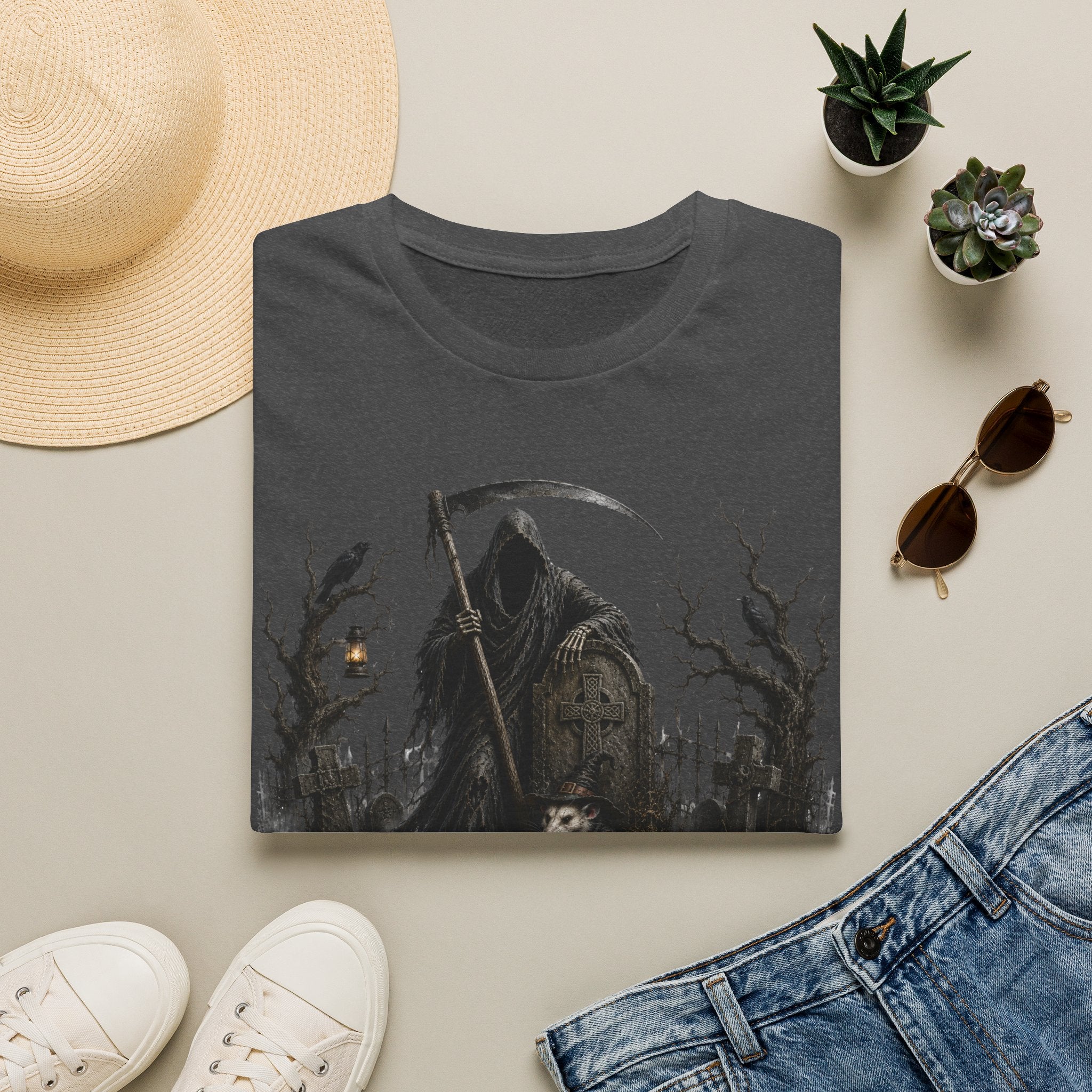 Grim Reaper Cemetery T-Shirt — Gothic Halloween Scythe Design