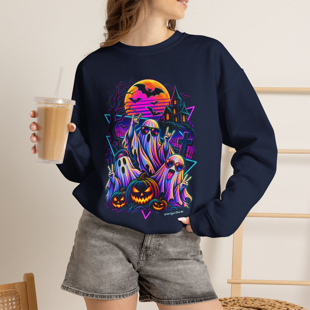 Halloween Neon Ghosts Crewneck Sweatshirt — Retro Pumpkin Haunted House Tee