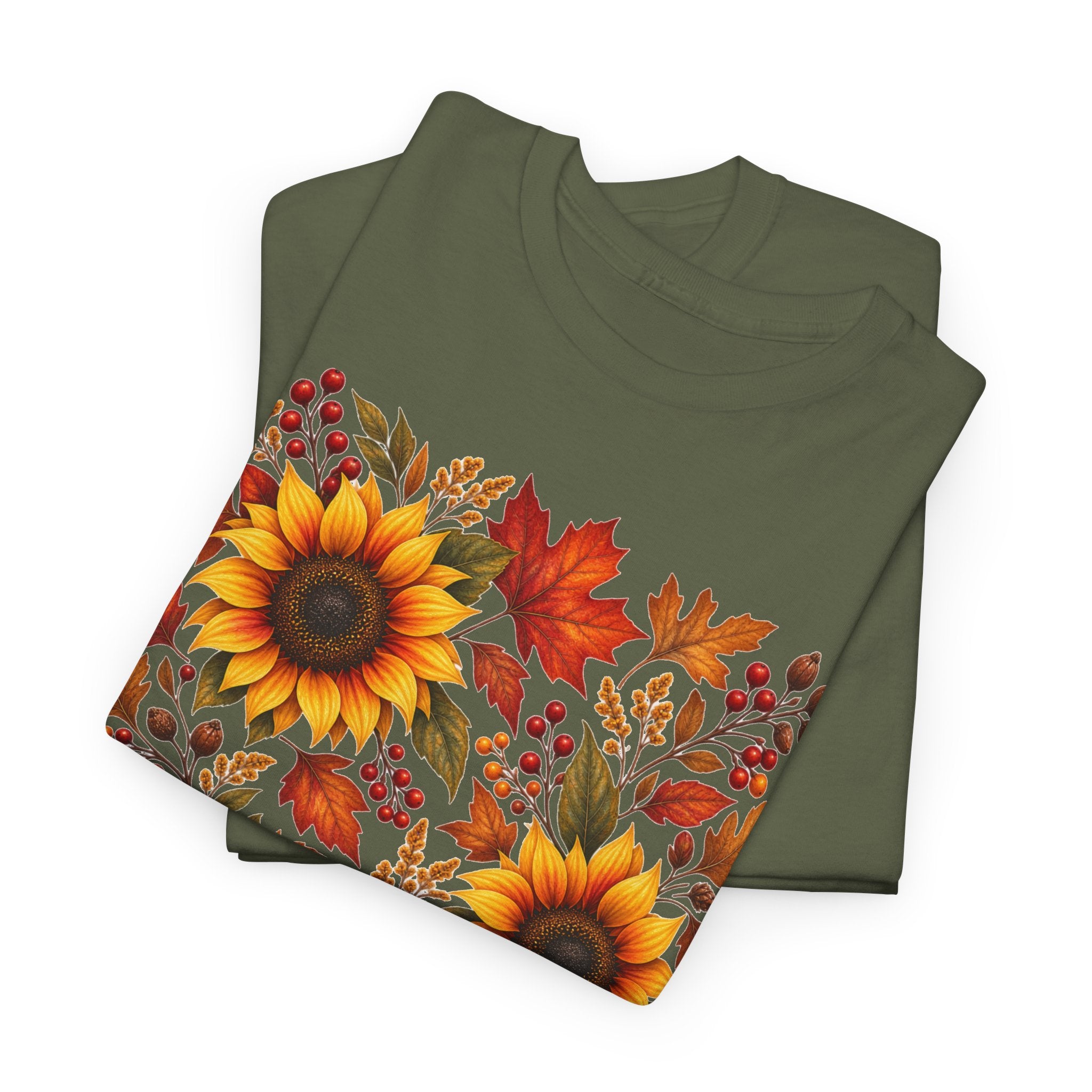 Sunflower & Autumn Leaves Tee — Fall Floral Graphic T-Shirt