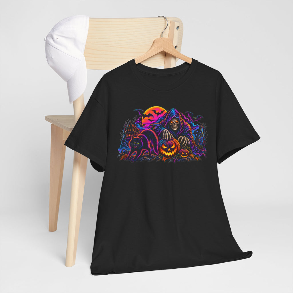 Halloween Grim Reaper Jack-O'-Lantern Tee — Retro Neon Spooky Skull Shirt