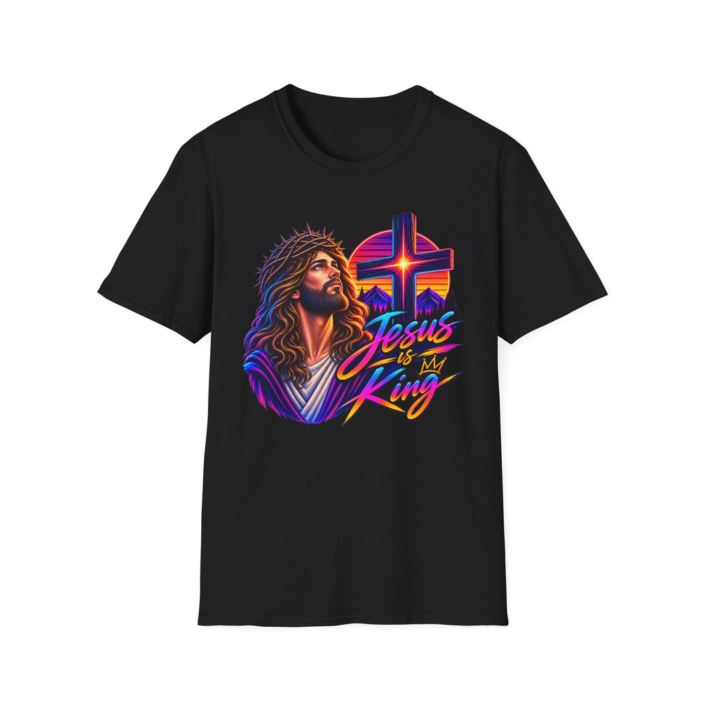 Jesus Is King T‑Shirt — Retro Neon Cross & Christ Portrait