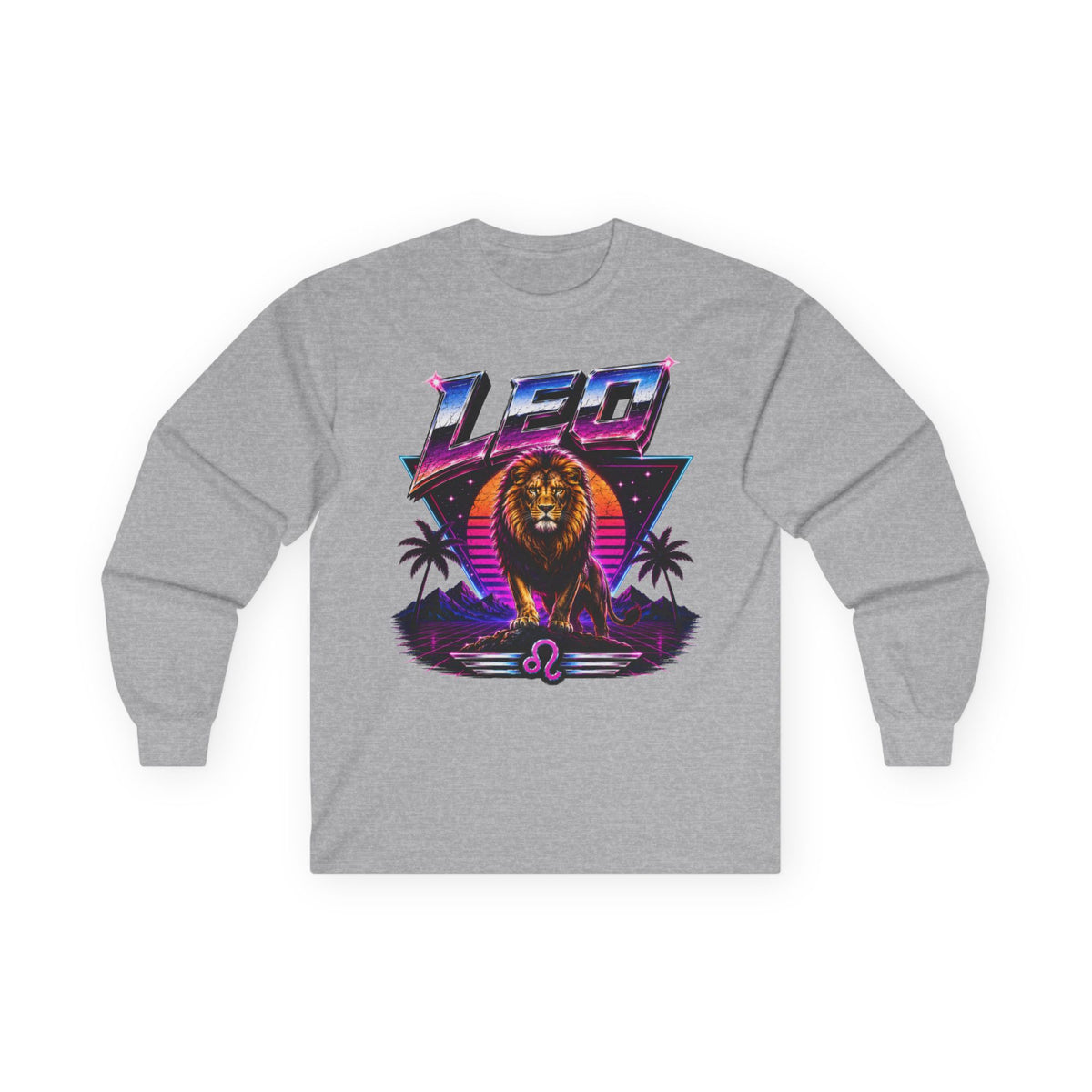 Leo Zodiac Lion Long Sleeve Tee — Retro Sunset Astrology Shirt