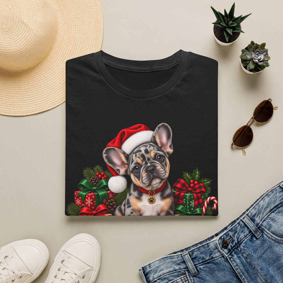 French Bulldog Christmas T-Shirt — Cute Santa Pup Holiday Tee