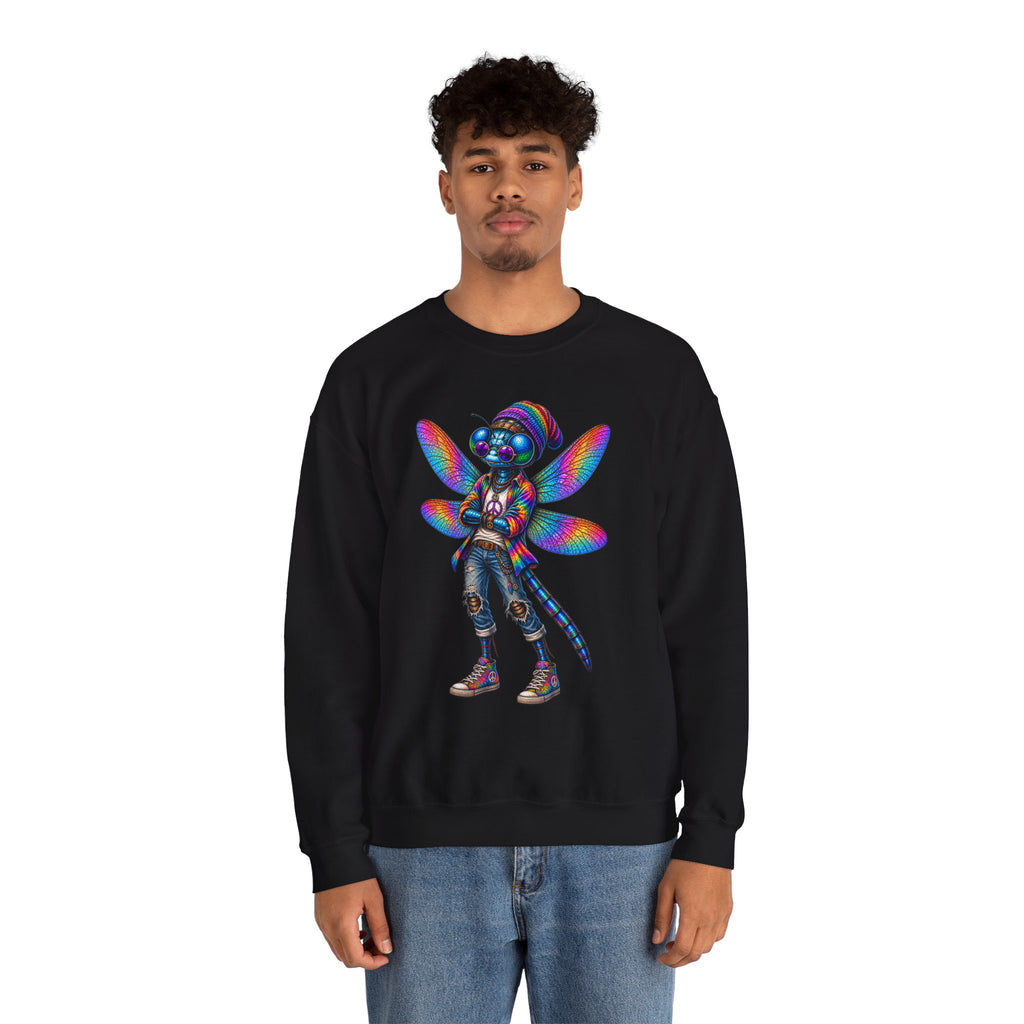 Neon Dragonfly Crewneck Sweatshirt — Rainbow Cyberpunk Kitty Graphic