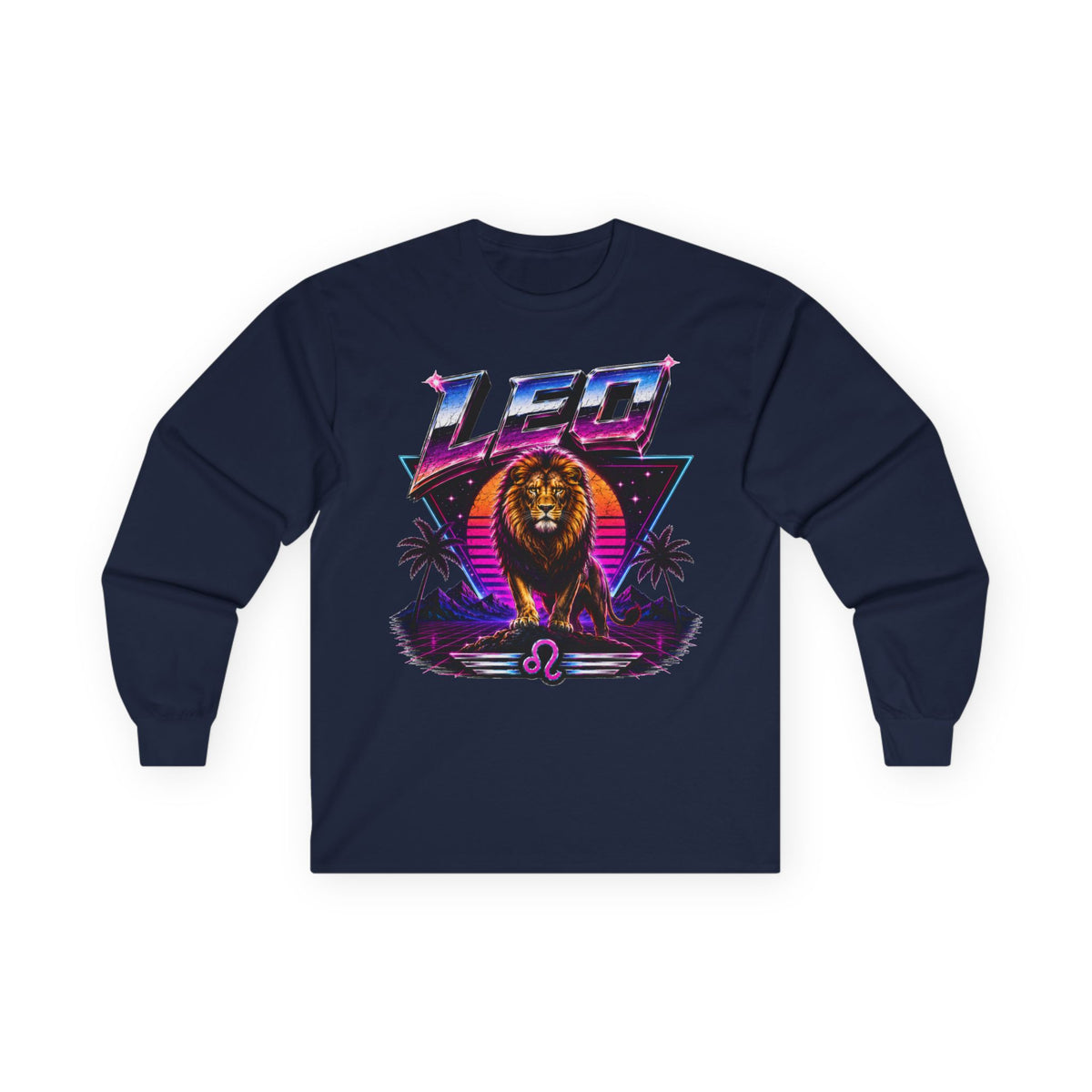 Leo Zodiac Lion Long Sleeve Tee — Retro Sunset Astrology Shirt