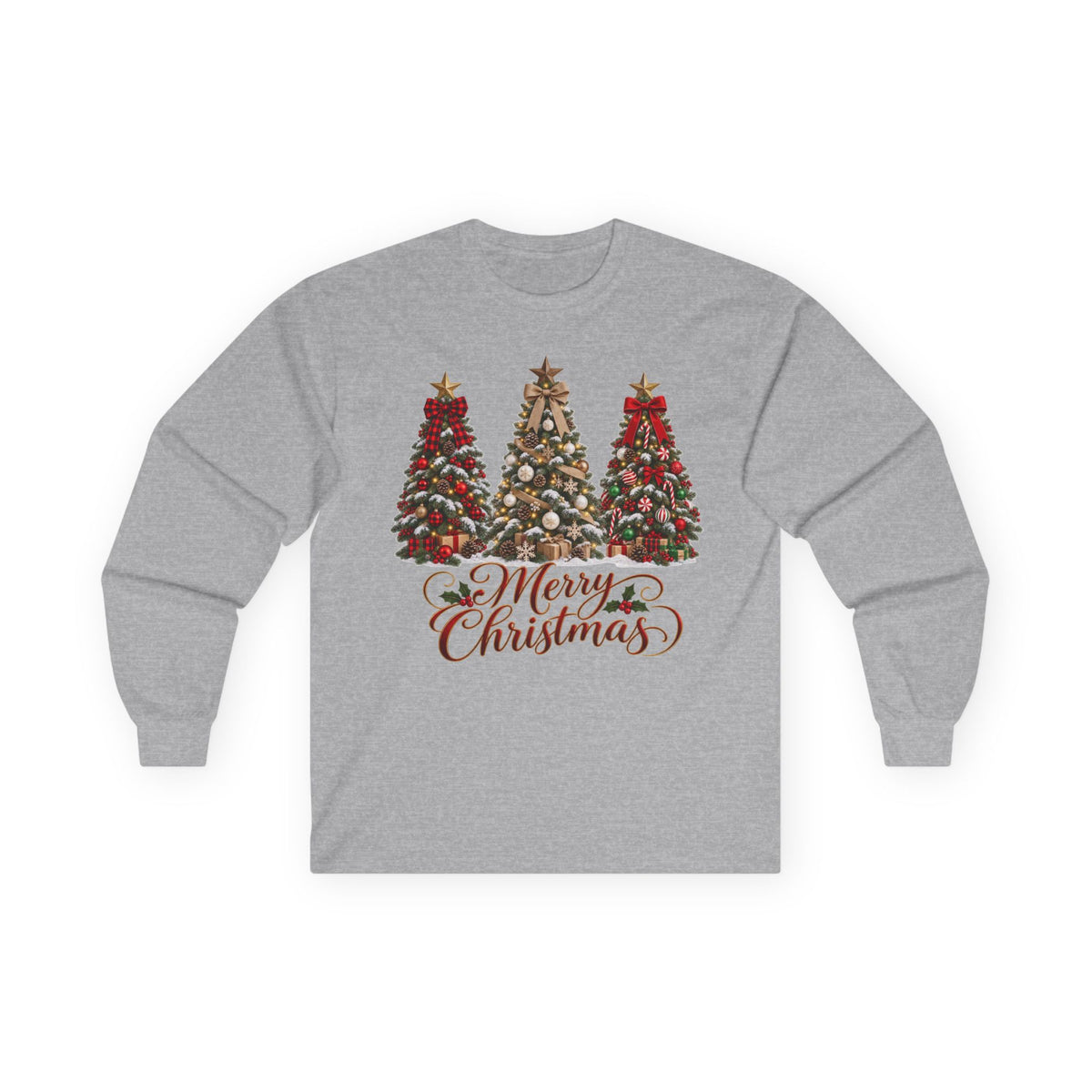 Long Sleeve Tee — Festive 'Merry Christmas' Triple Tree Holiday Graphic