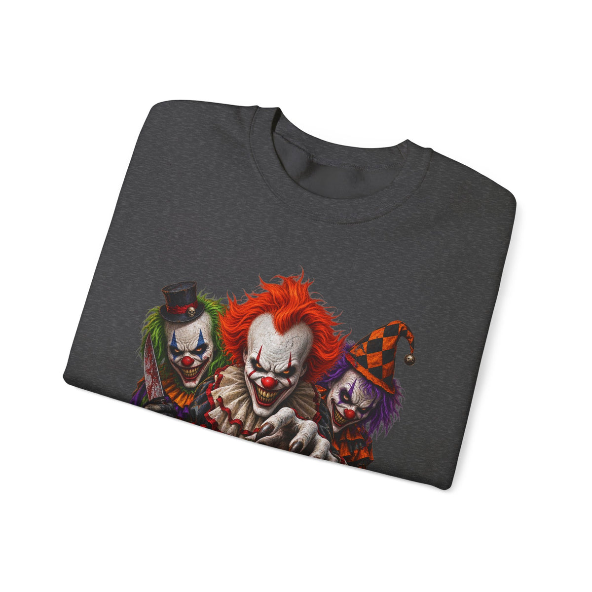 Creepy Clown Halloween Sweatshirt — Scary Trio with Jack-O'-Lantern