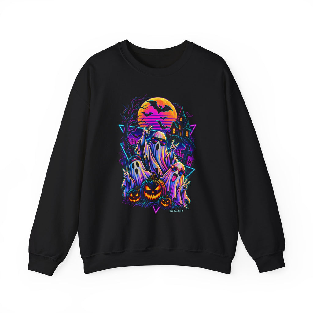 Halloween Neon Ghosts Crewneck Sweatshirt — Retro Pumpkin Haunted House Tee