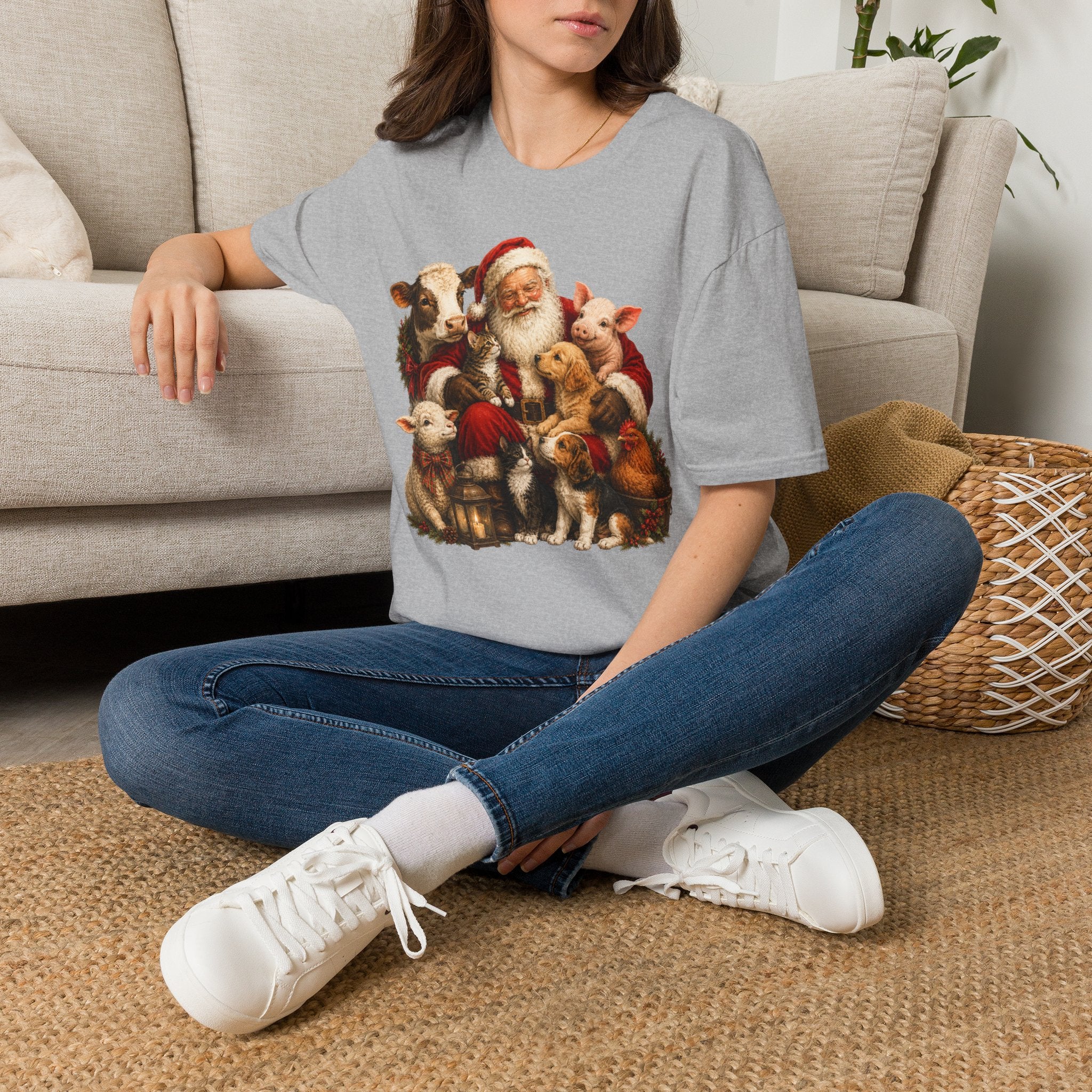 Santa with Farm Animals Christmas T-Shirt