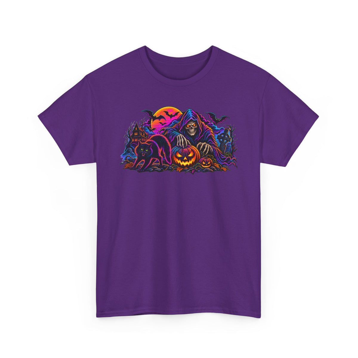 Halloween Grim Reaper Jack-O'-Lantern Tee — Retro Neon Spooky Skull Shirt