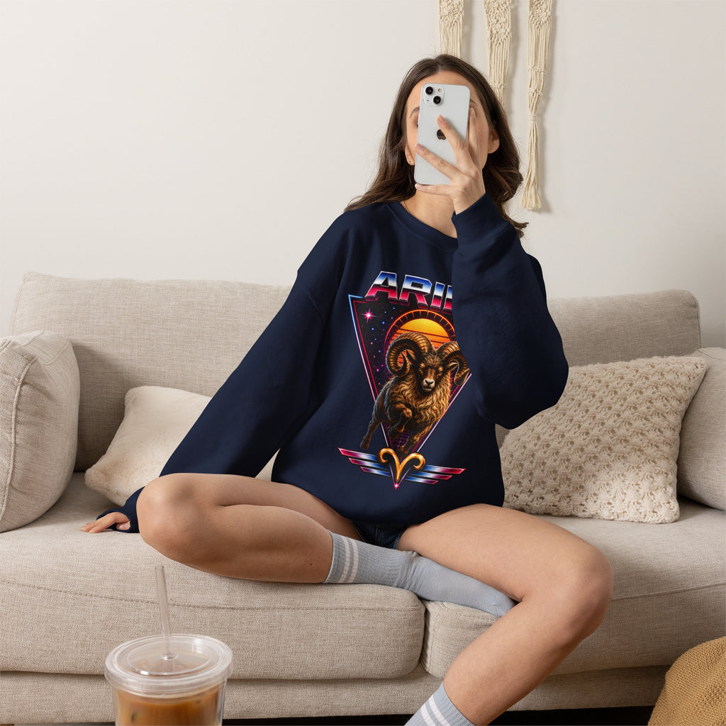 Aries Zodiac Crewneck Sweatshirt — 80s Retro Ram Astrology Graphic
