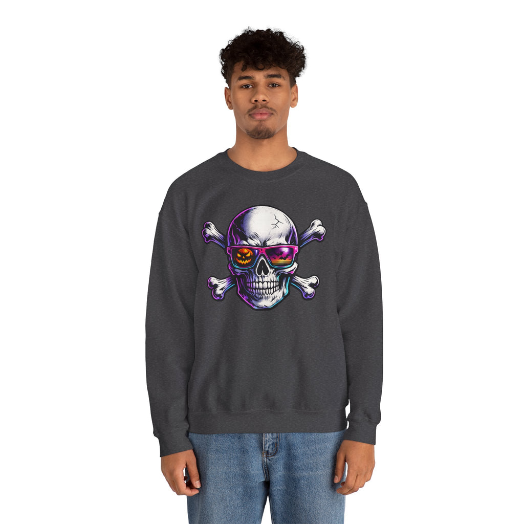 Skull & Crossbones Crewneck Sweatshirt — Neon Sunglasses Halloween Skull Graphic