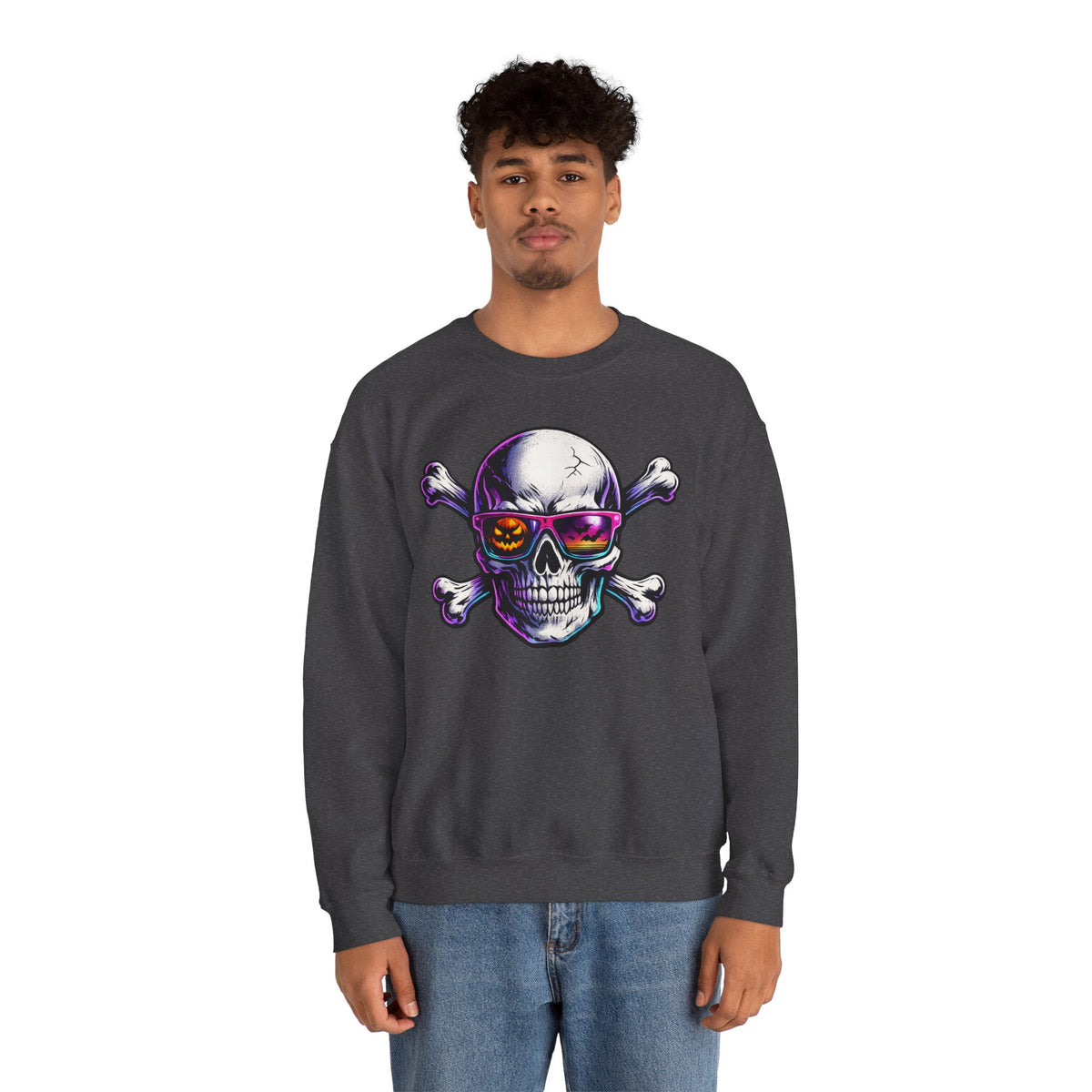 Skull & Crossbones Crewneck Sweatshirt — Neon Sunglasses Halloween Skull Graphic