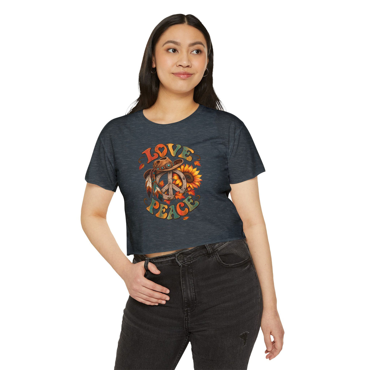 Love & Peace Crop Top — Retro Sunflower Hippie Festival Tee