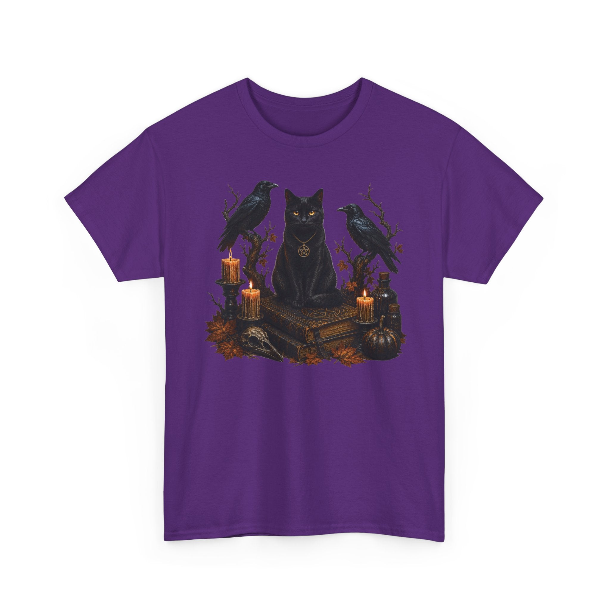 Witchy Black Cat T-Shirt — Candlelit Raven & Grimoire Gothic Tee