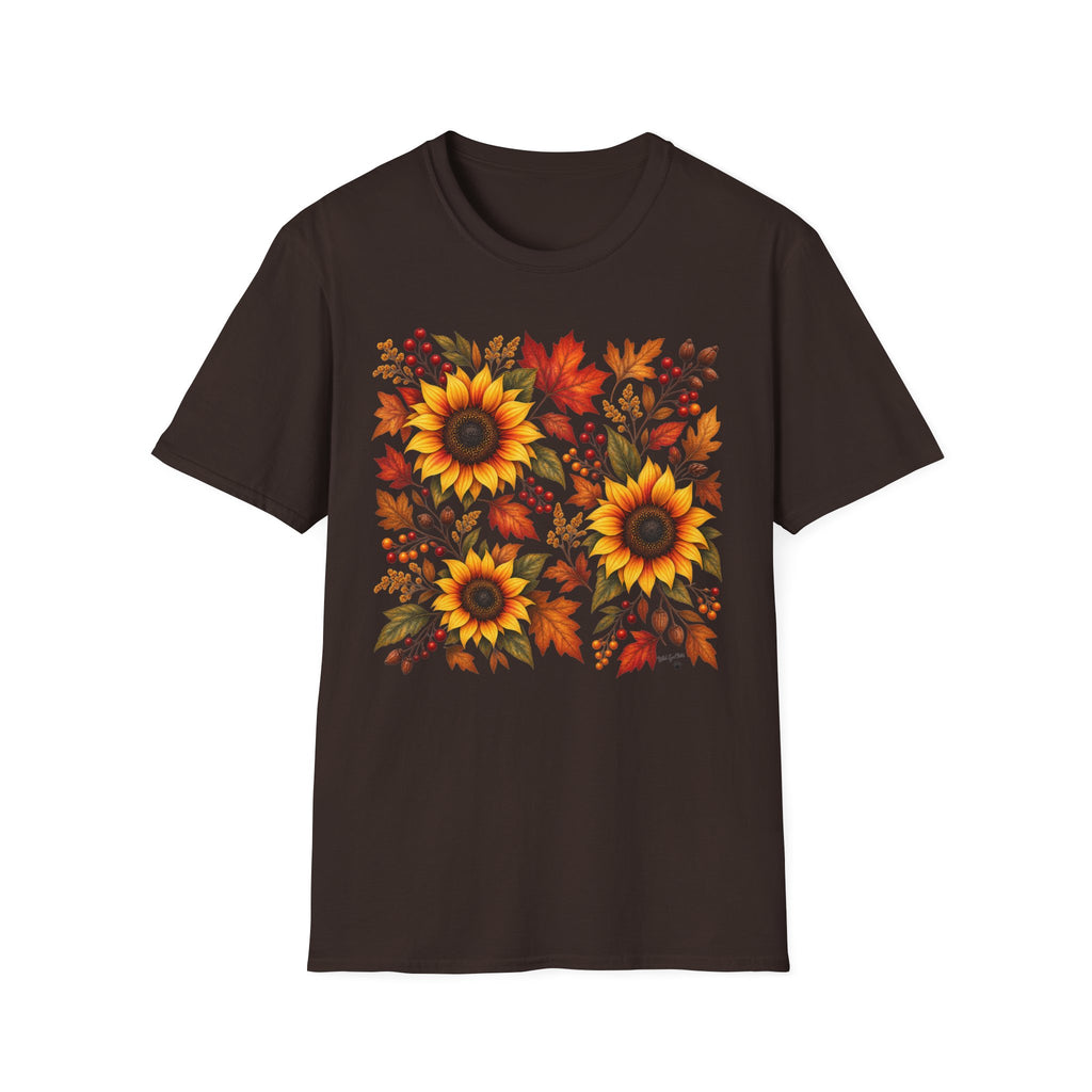 Sunflower & Autumn Leaves T-Shirt — Fall Floral Tee
