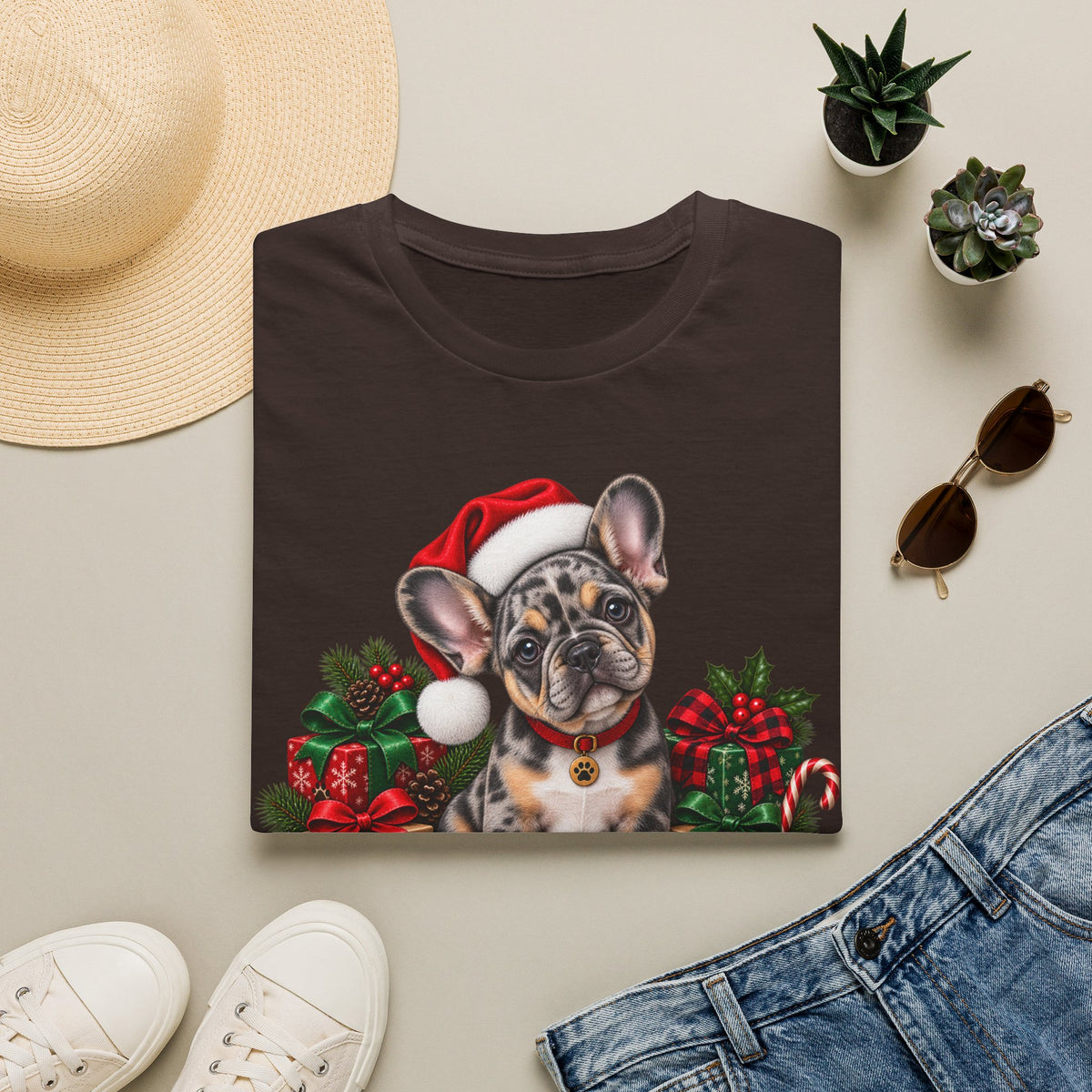 French Bulldog Christmas T-Shirt — Cute Santa Pup Holiday Tee