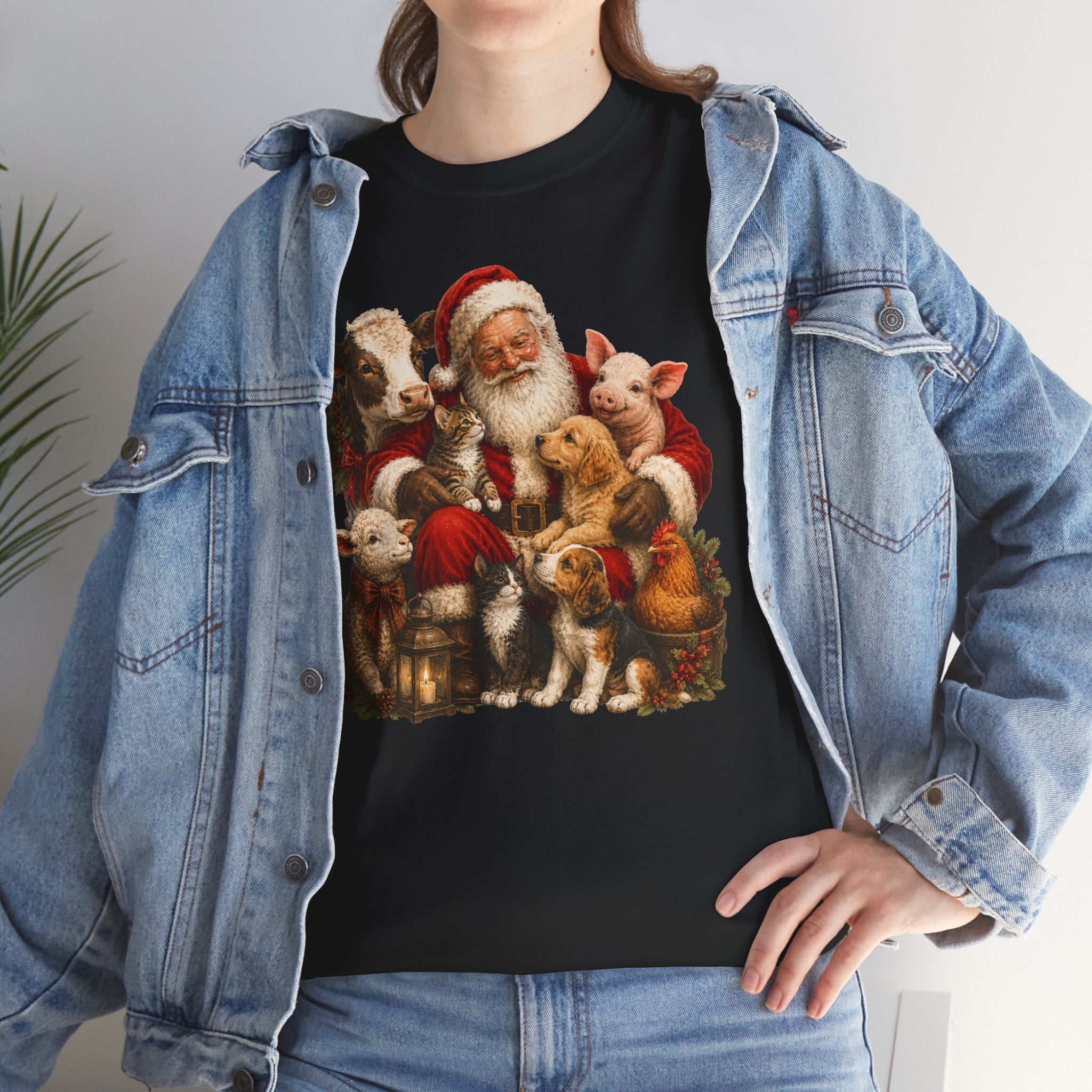 Santa with Farm Animals Christmas Tee — Vintage Holiday Animal Lover Shirt