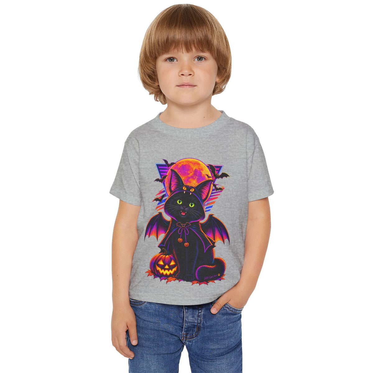 Toddler Halloween Bat Cat T-Shirt — Cute Black Cat with Pumpkin & Full Moon