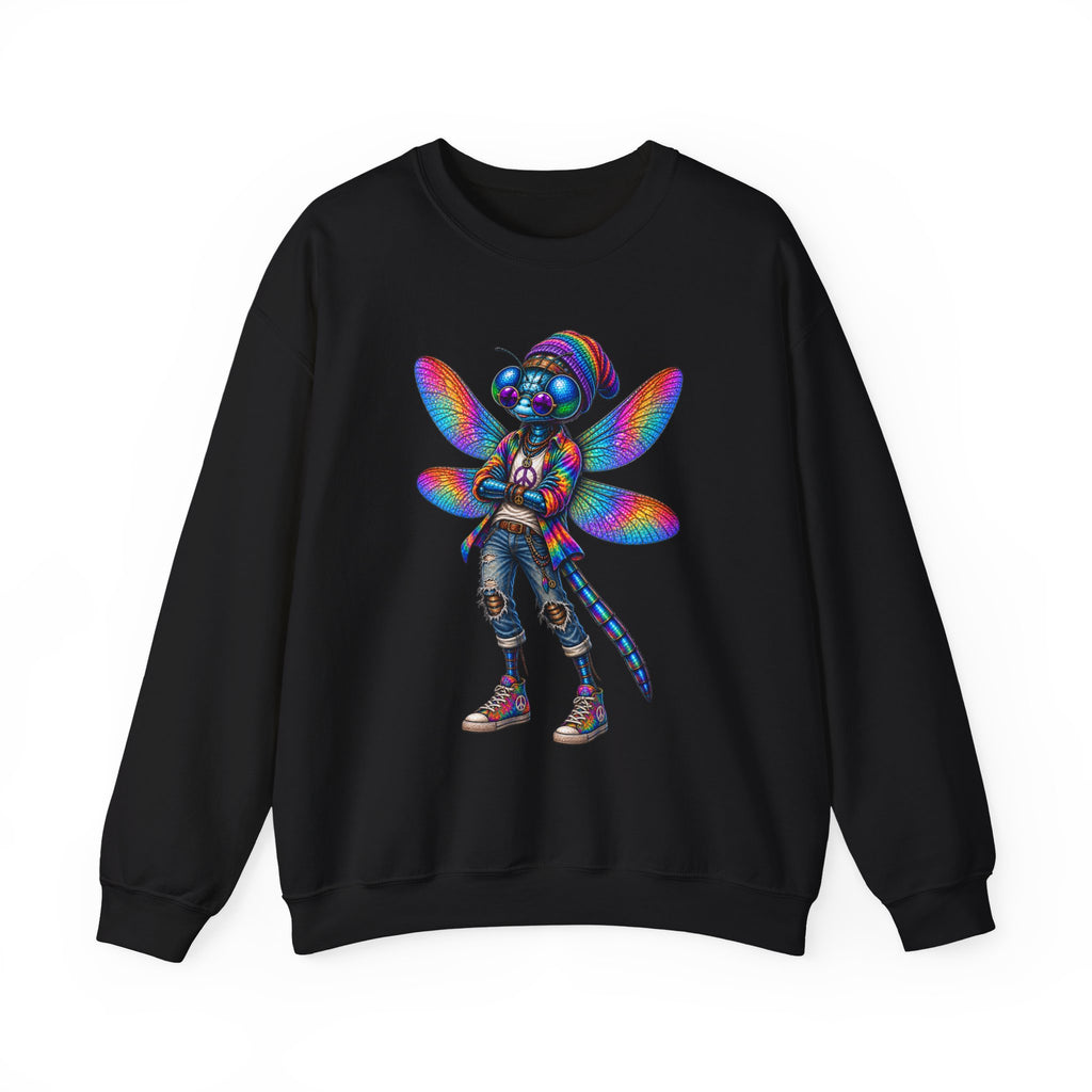 Neon Dragonfly Crewneck Sweatshirt — Rainbow Cyberpunk Kitty Graphic