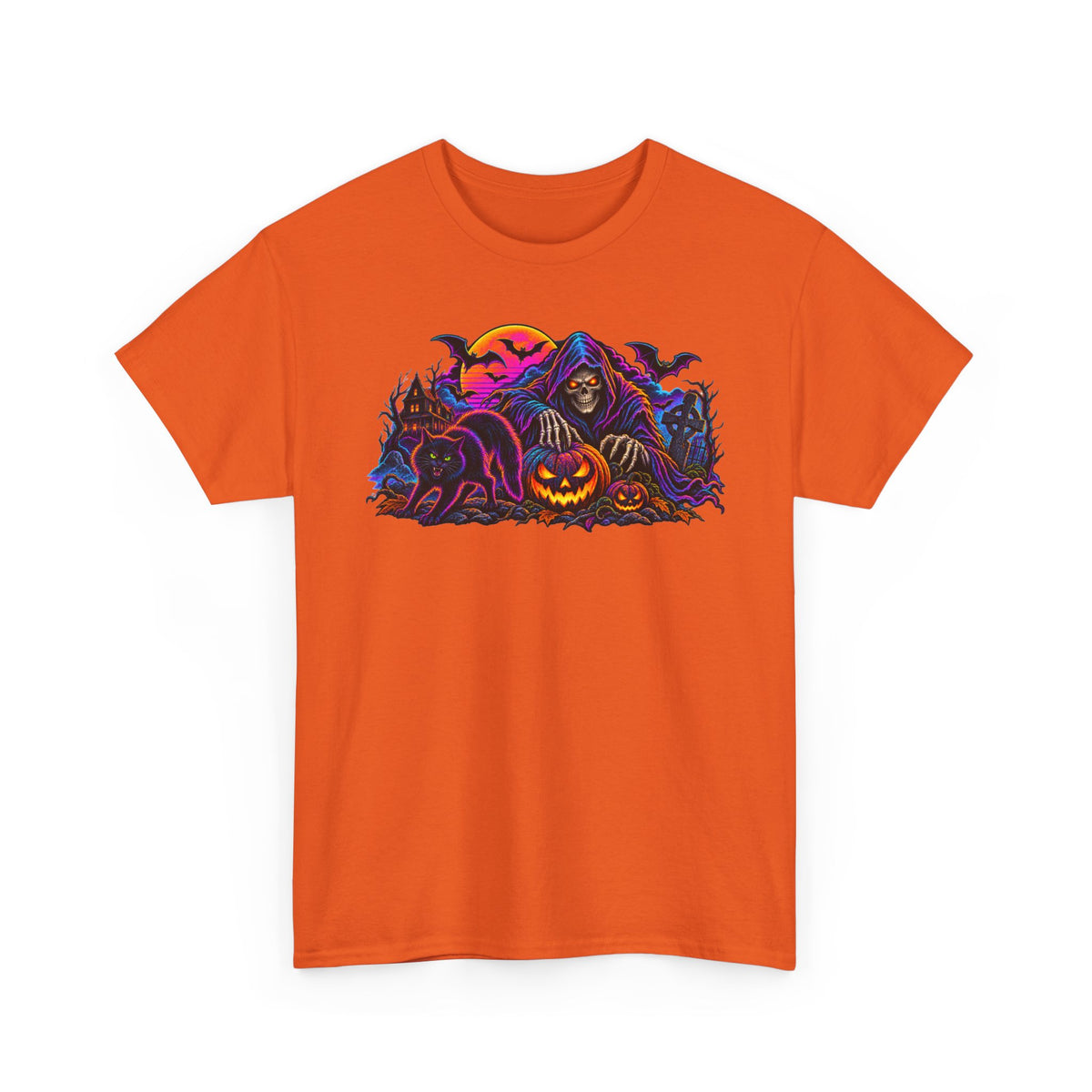 Halloween Grim Reaper Jack-O'-Lantern Tee — Retro Neon Spooky Skull Shirt