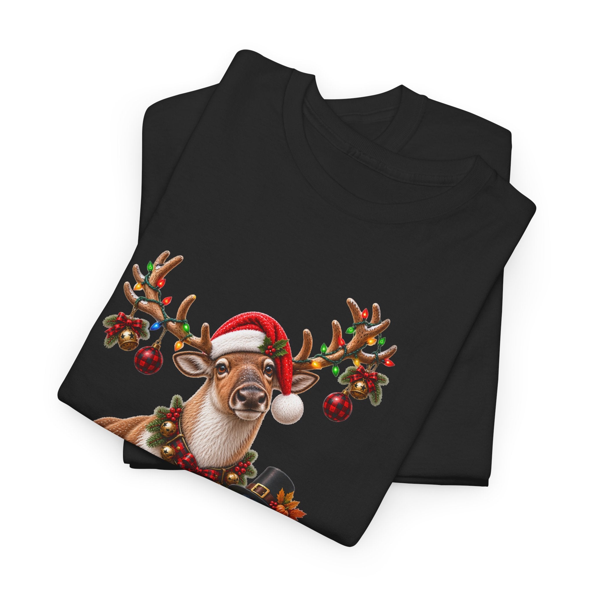 Holiday Mashup Tee — Reindeer with Turkey, Santa Hat & Jack-O’-Lantern