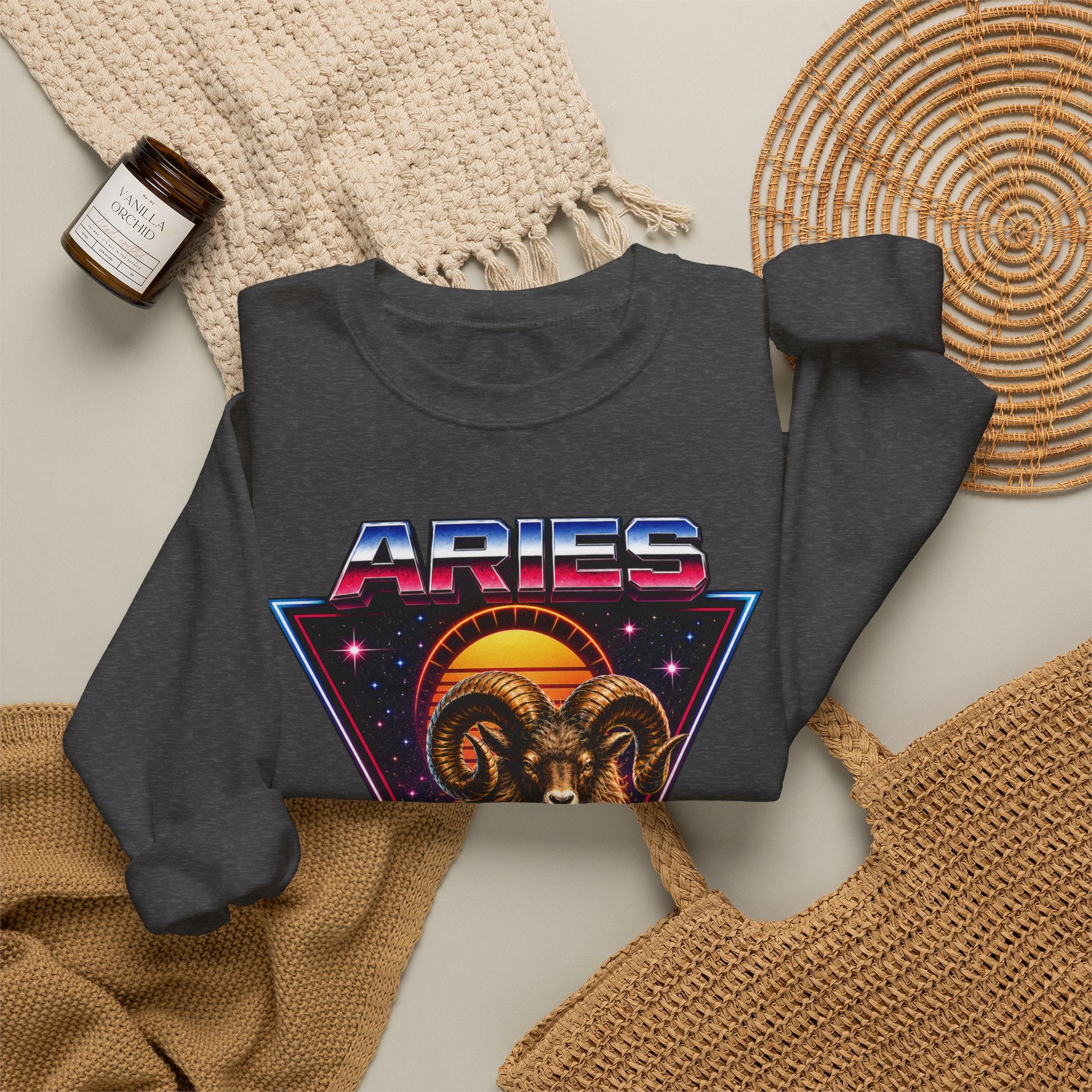 Aries Zodiac Crewneck Sweatshirt — 80s Retro Ram Astrology Graphic
