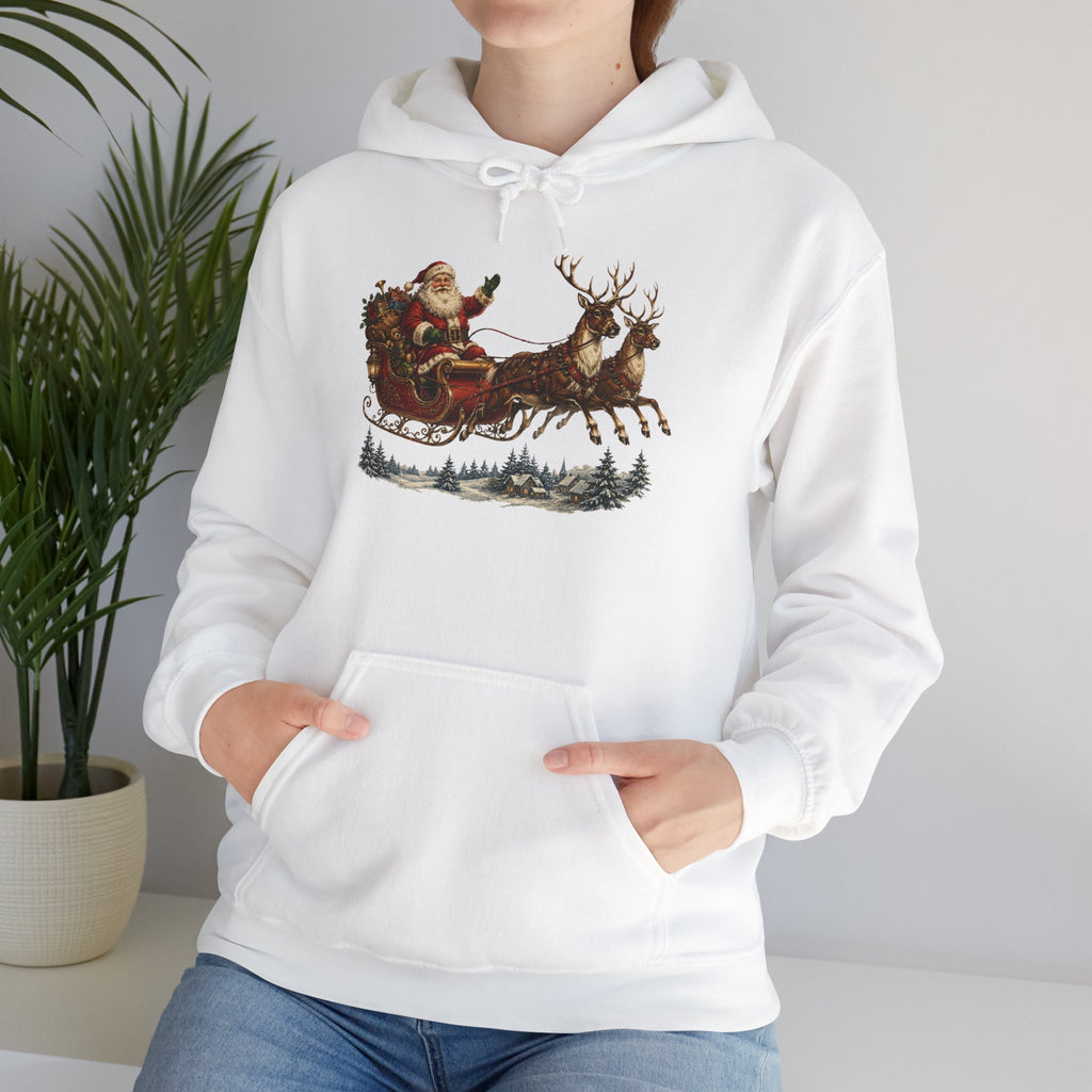 Christmas Santa Sleigh Hoodie - Vintage Santa & Reindeer Holiday Sweatshirt