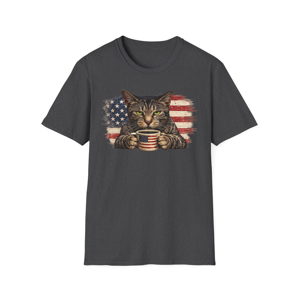 Patriotic Cat T-Shirt — American Flag Kitty with Coffee Mug