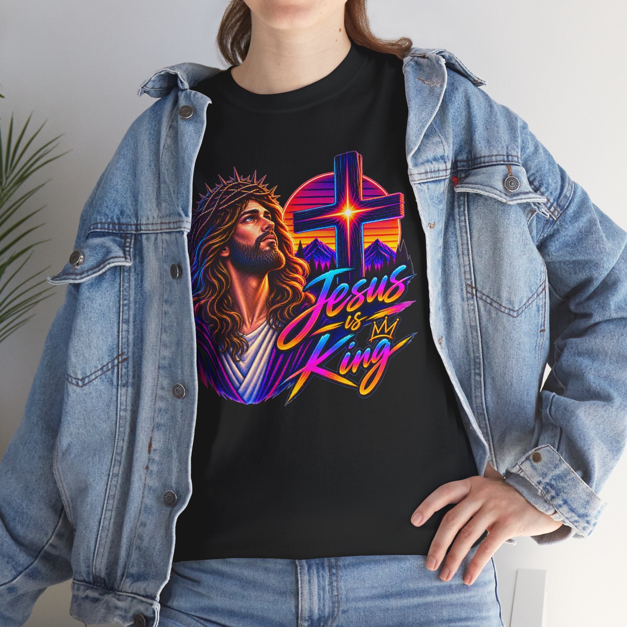 Jesus Is King T-Shirt — Neon Portrait Cross Christian Tee