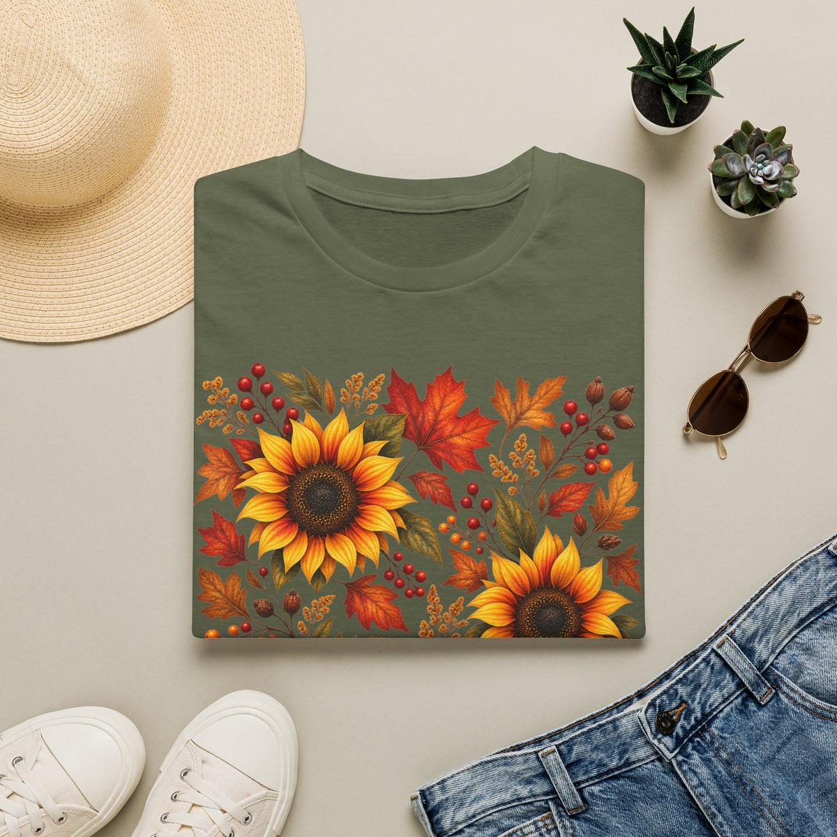 Sunflower & Autumn Leaves T-Shirt — Fall Floral Tee