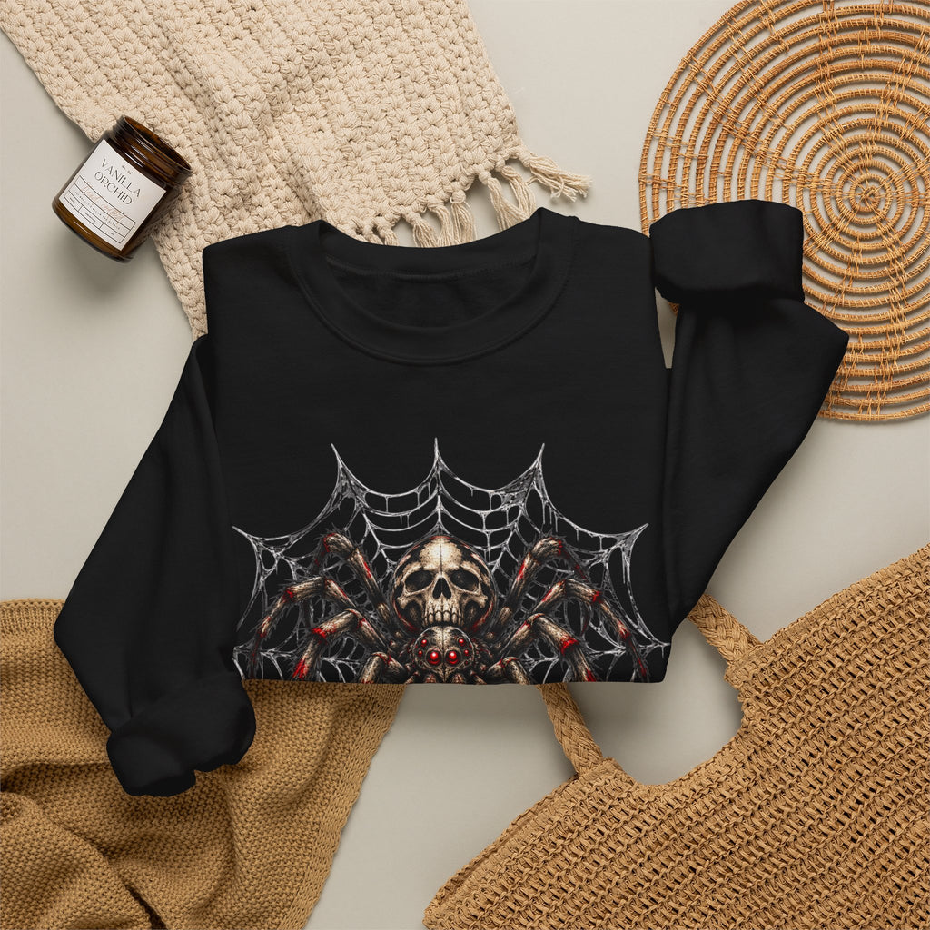 Skull Spiderweb Crewneck Sweatshirt — Gothic Halloween Graphic Sweater