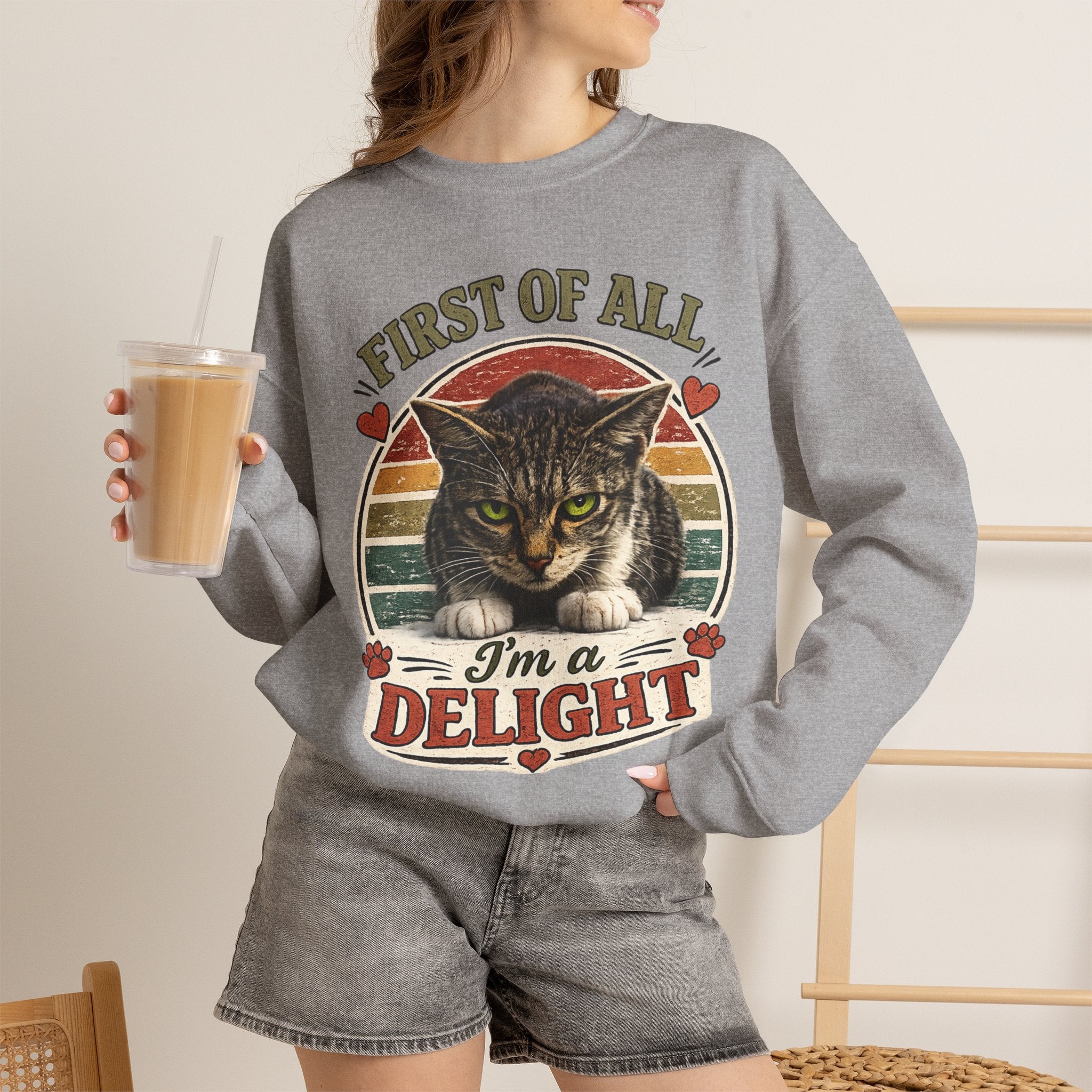Cat Crewneck Sweatshirt — "First of All I'm a Delight" Retro Cat Pullover