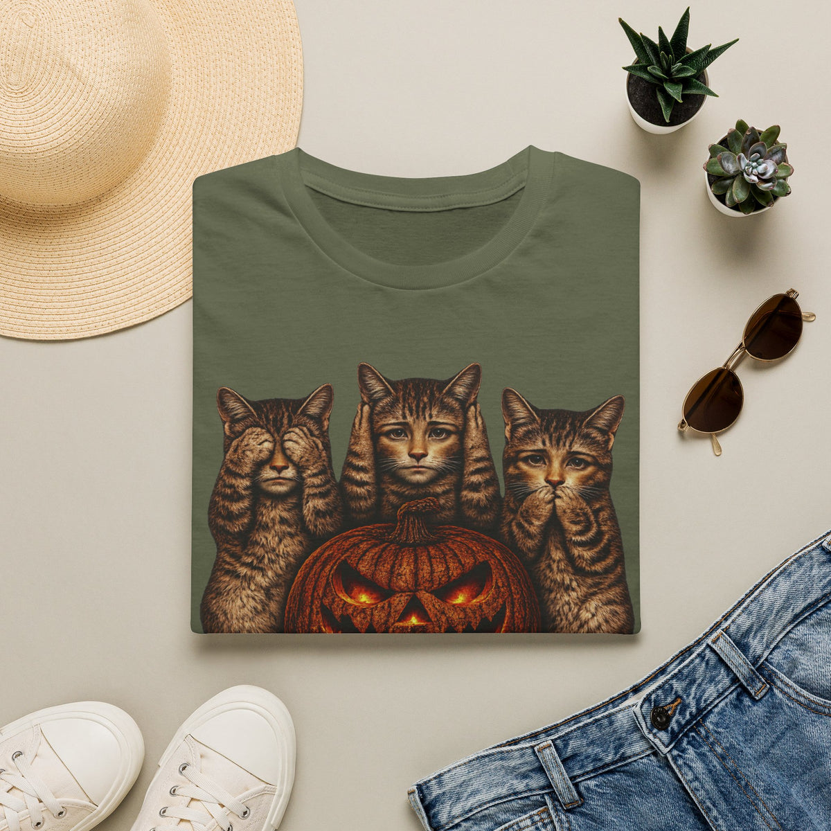 No Evil... Anthropomorphic Cat Pumpkin T-Shirt — Three Spooky Cats with Jack-O'-Lantern