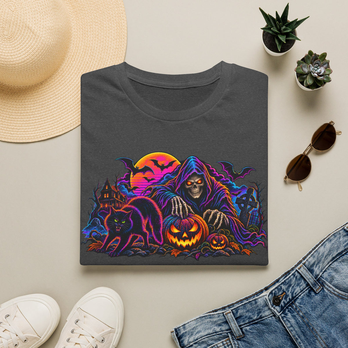 Halloween Grim Reaper T-Shirt — Pumpkin, Bats & Haunted Night Graphic Tee