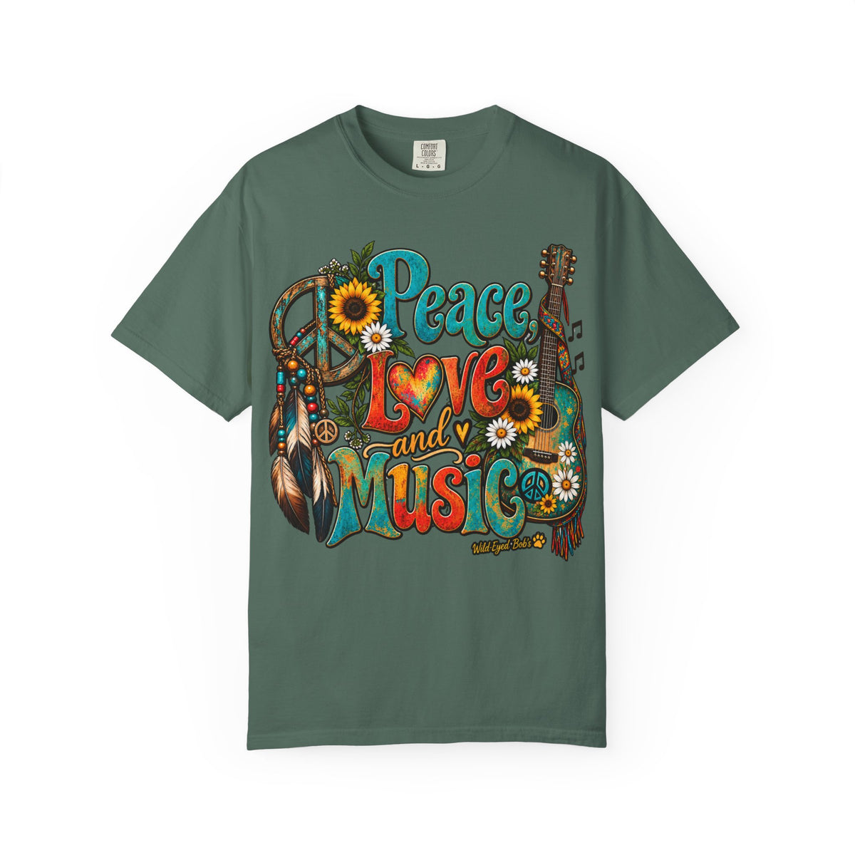 Peace, Love & Music Graphic T-Shirt — Retro Hippie Guitar Sunflower Tee