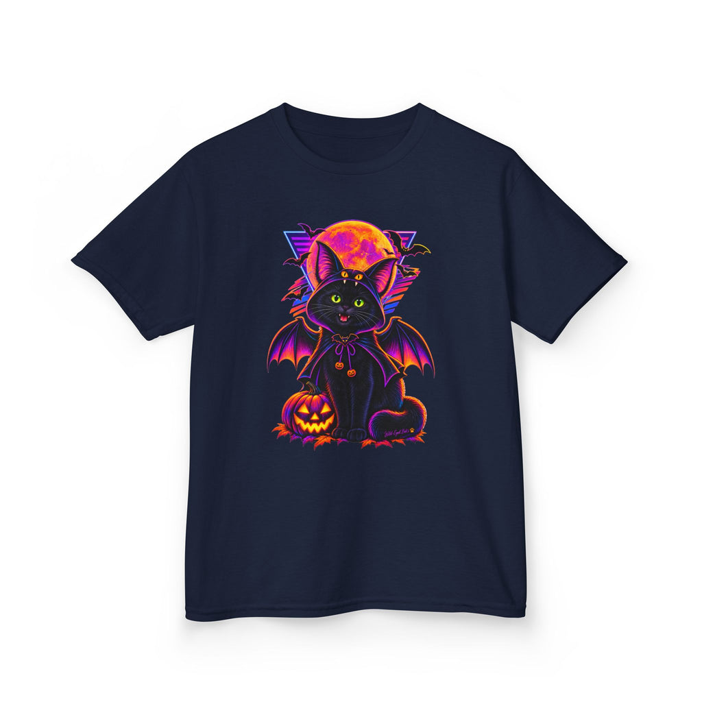 Kids Halloween Vampire  Bat Cat T-Shirt — Cute Black Cat with Pumpkin & Full Moon