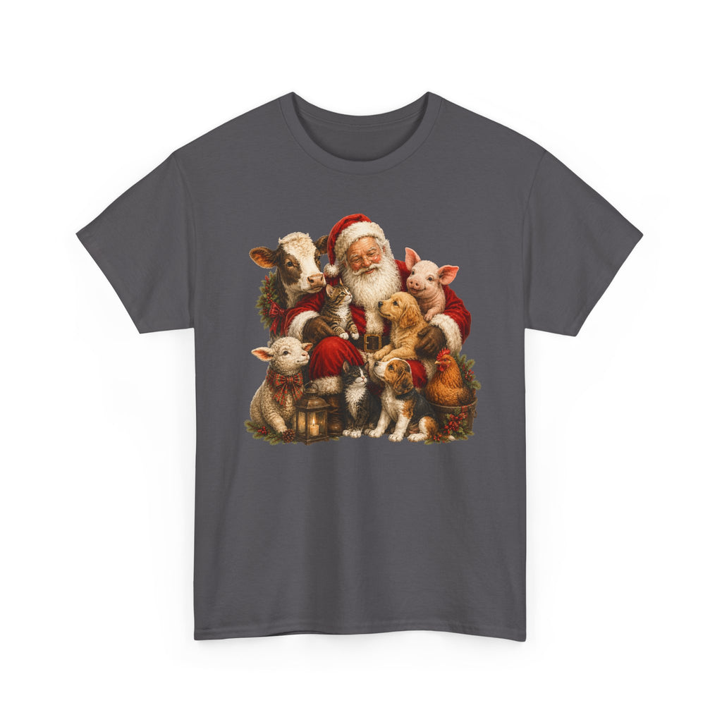 Santa with Farm Animals Christmas Tee — Vintage Holiday Animal Lover Shirt