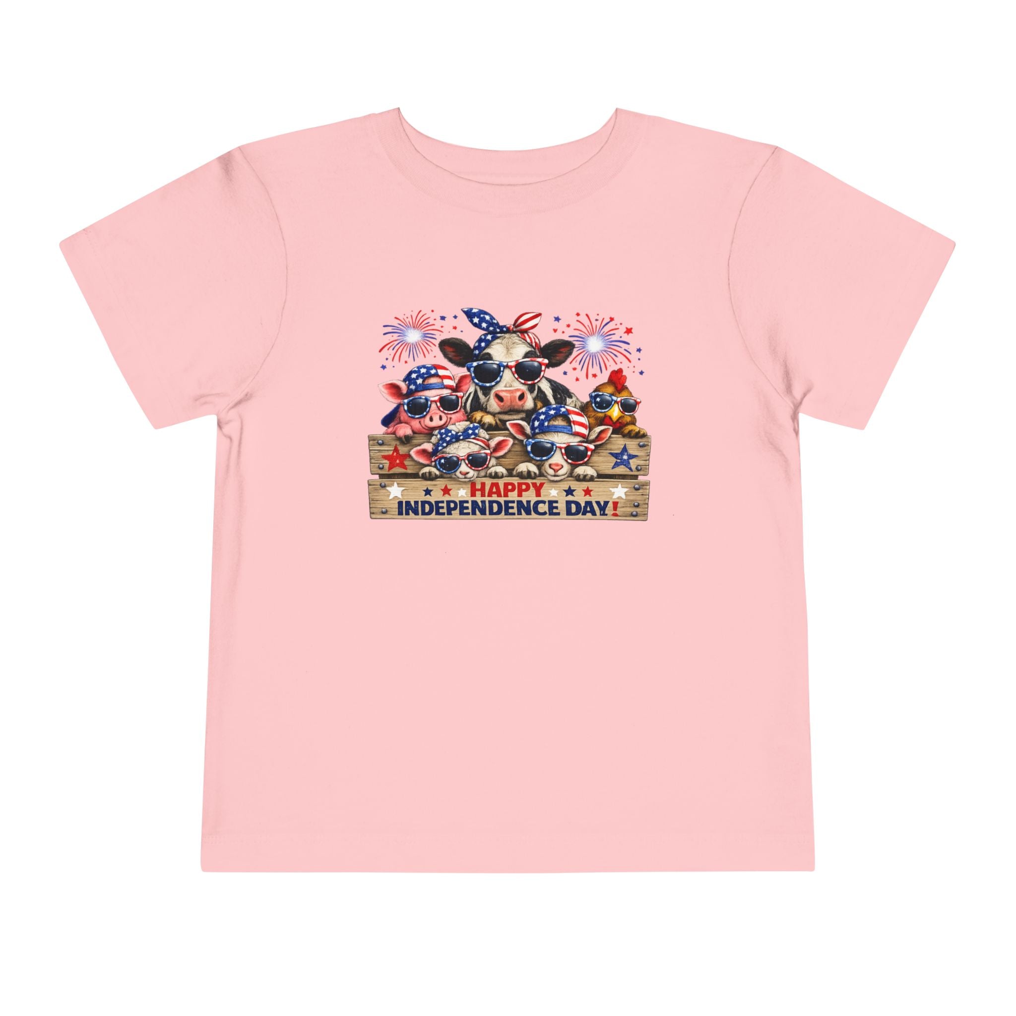 Happy Independence Day Toddler Tee — Patriotic Farm Animals  & Fireworks 4th of July Shirt