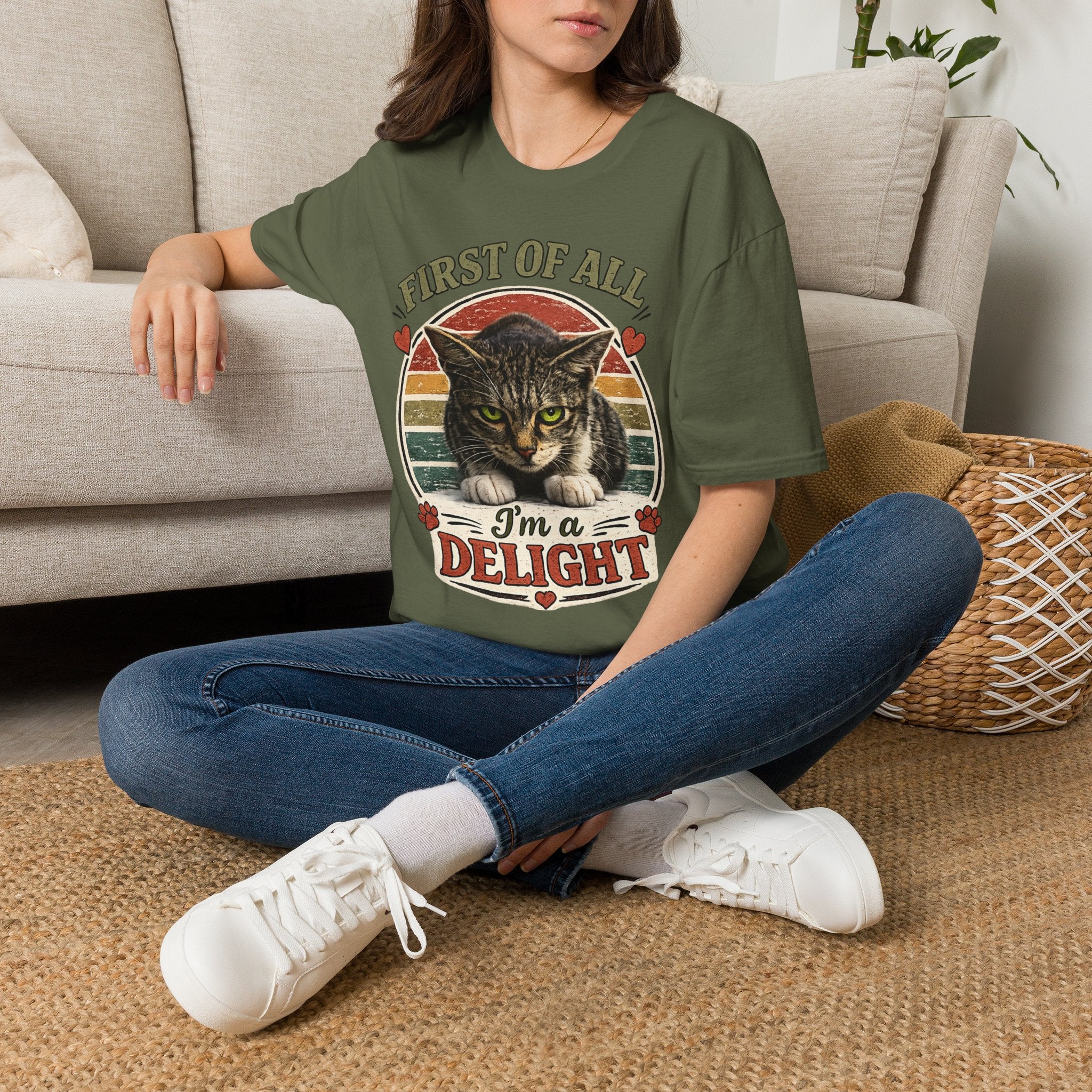 Cat T‑Shirt — “First of All I’m a Delight” Vintage Cat Graphic Tee