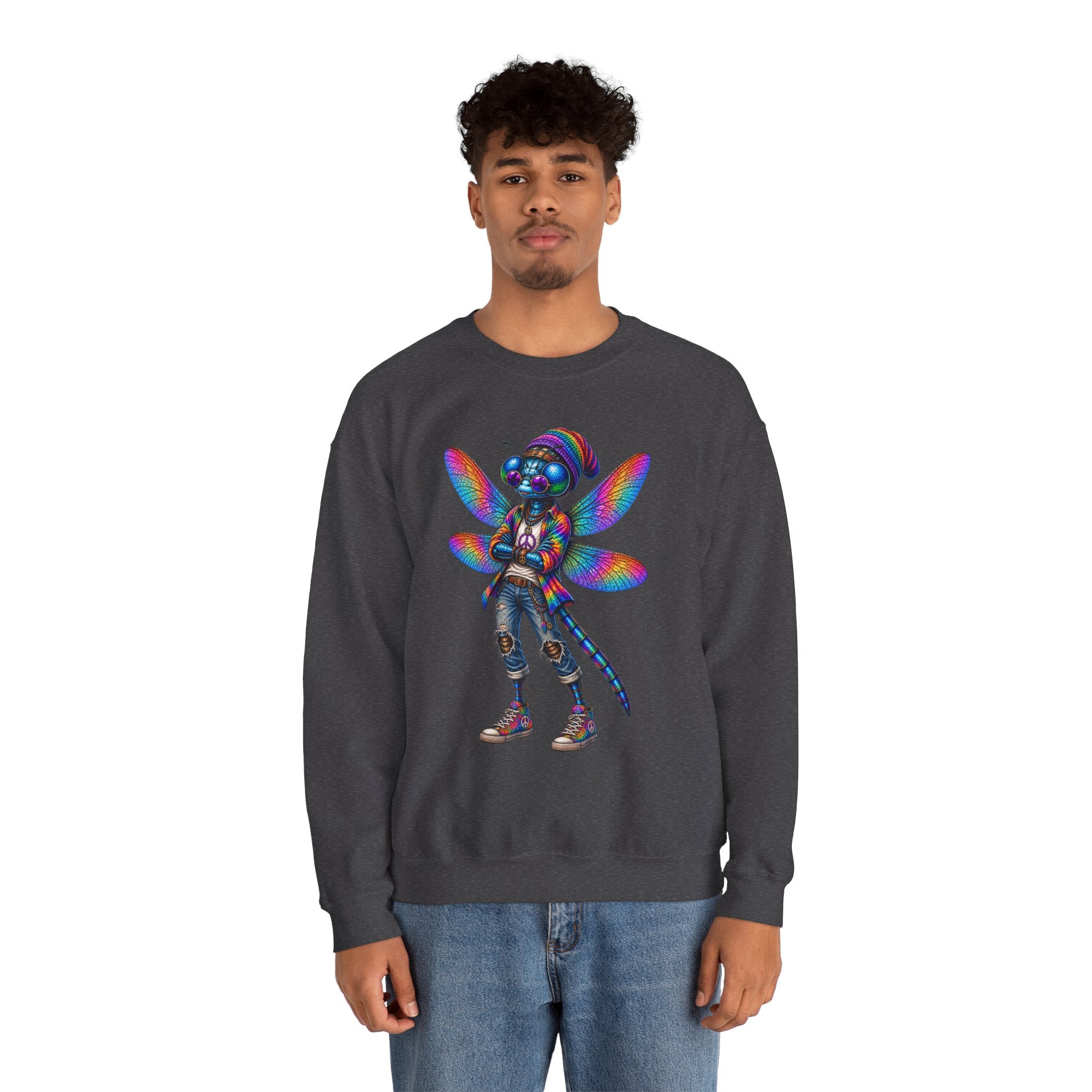 Neon Dragonfly Crewneck Sweatshirt — Rainbow Cyberpunk Kitty Graphic