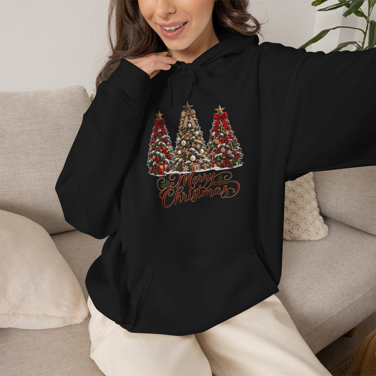 Christmas Tree Trio Hoodie – Festive Holiday Sweatshirt with 'Christmas Wishes' Design
