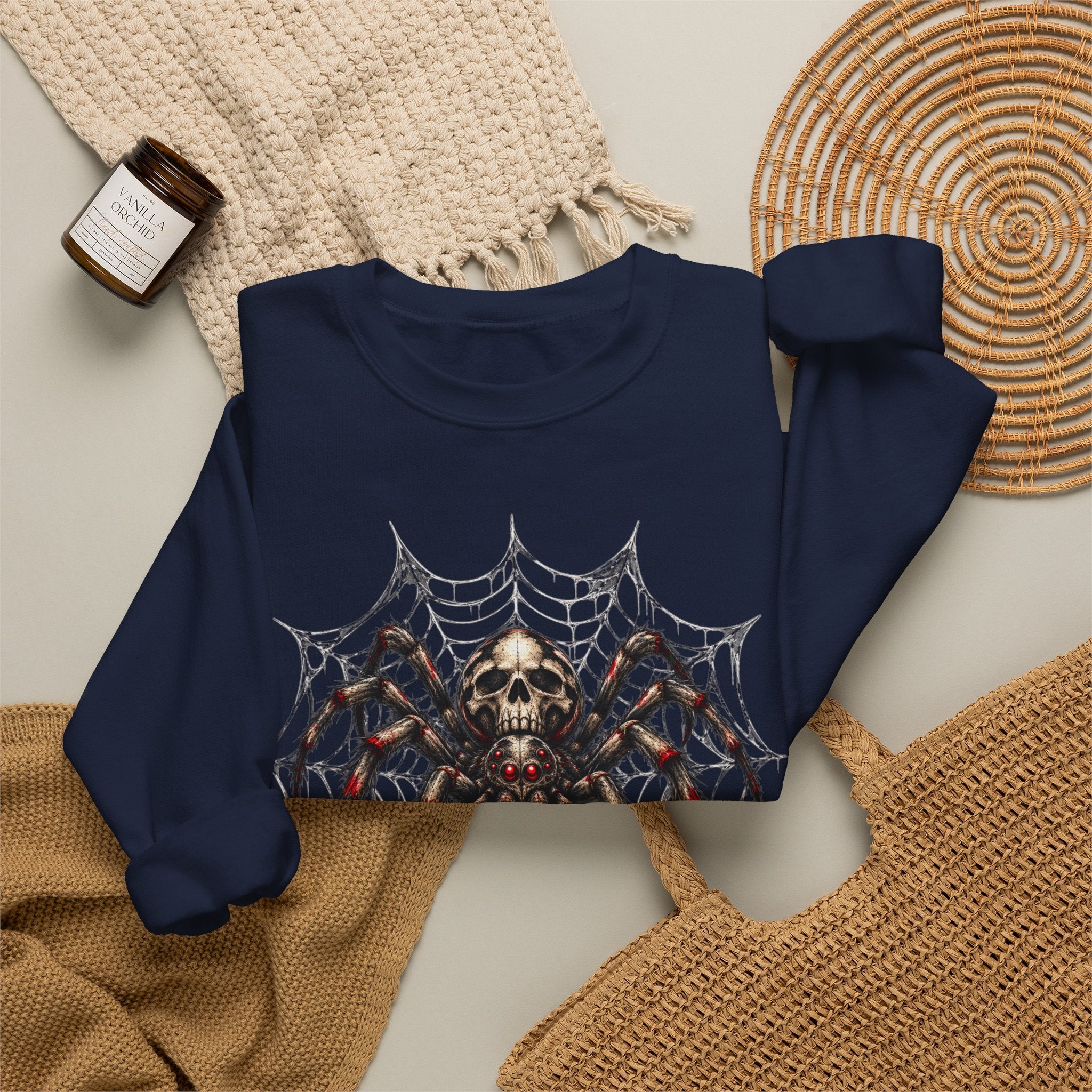 Skull Spiderweb Crewneck Sweatshirt — Gothic Halloween Graphic Sweater