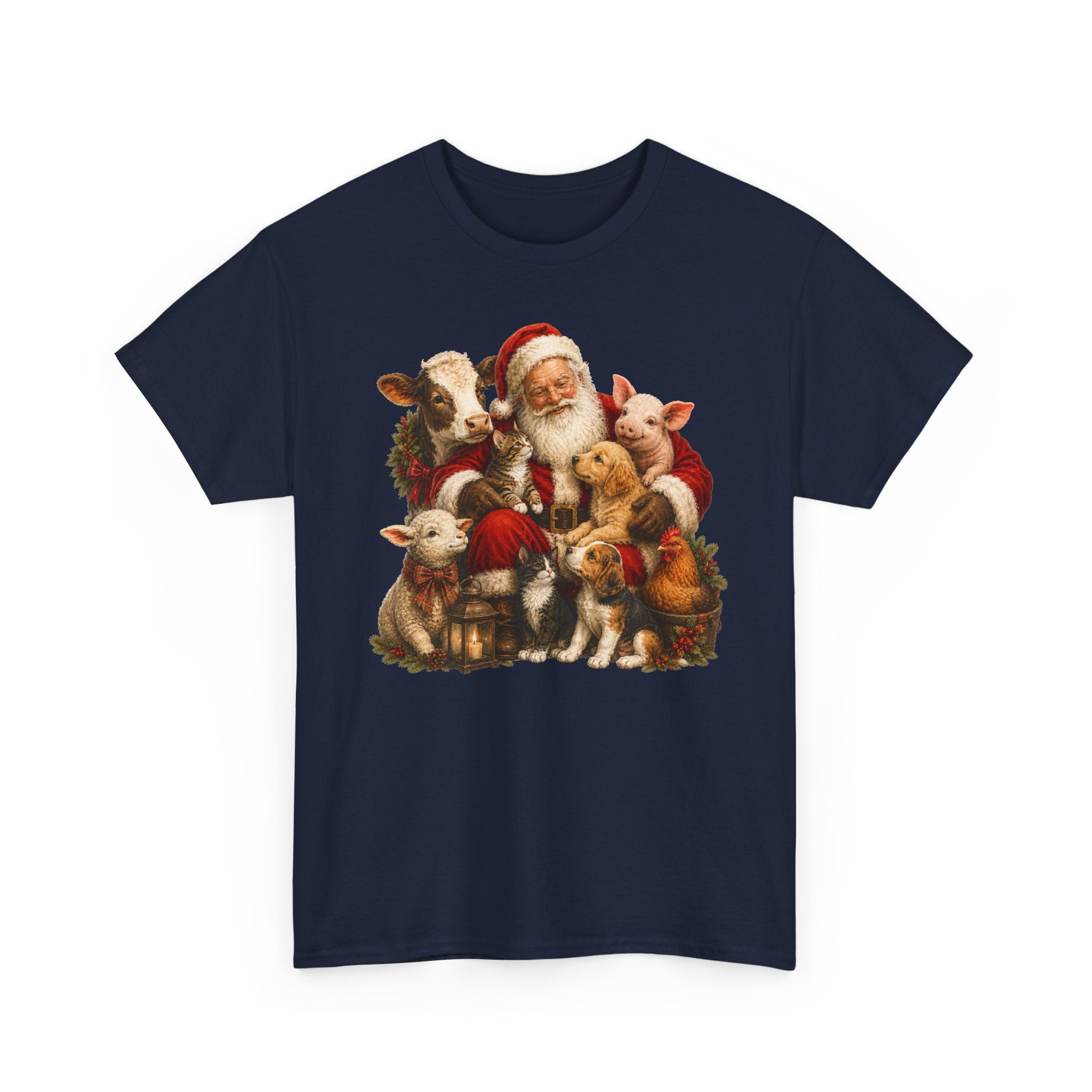 Santa with Farm Animals Christmas Tee — Vintage Holiday Animal Lover Shirt