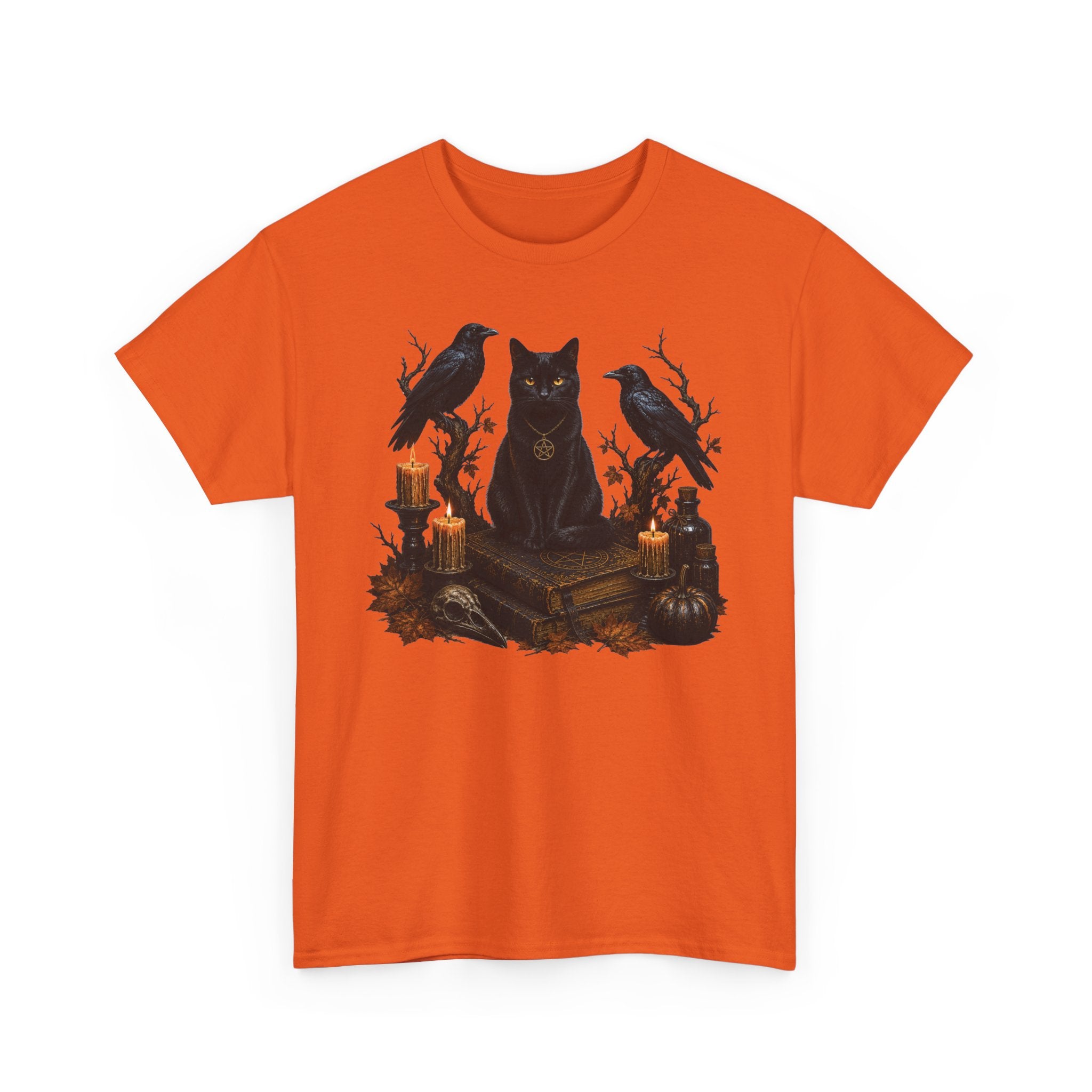 Witchy Black Cat T-Shirt — Candlelit Raven & Grimoire Gothic Tee