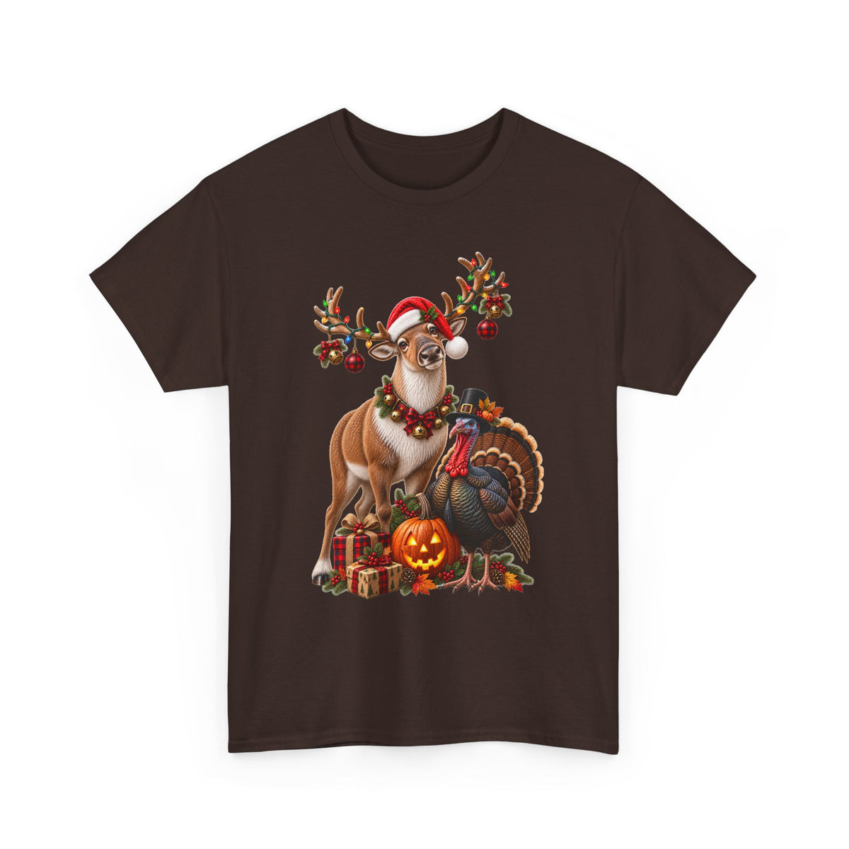 Holiday Mashup Tee — Reindeer with Turkey, Santa Hat & Jack-O’-Lantern